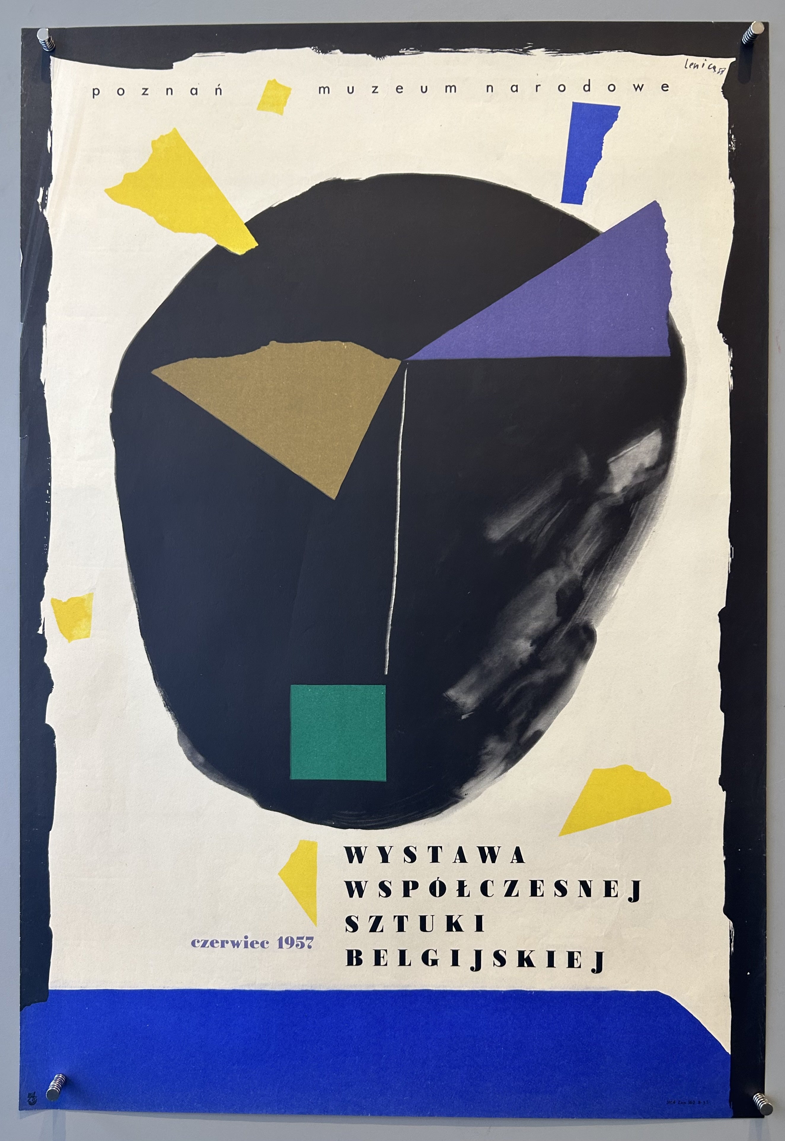 Abstract 1957 Polish poster by Jan Lenica promoting a contemporary Belgian art exhibition at the National Museum in Poznań.