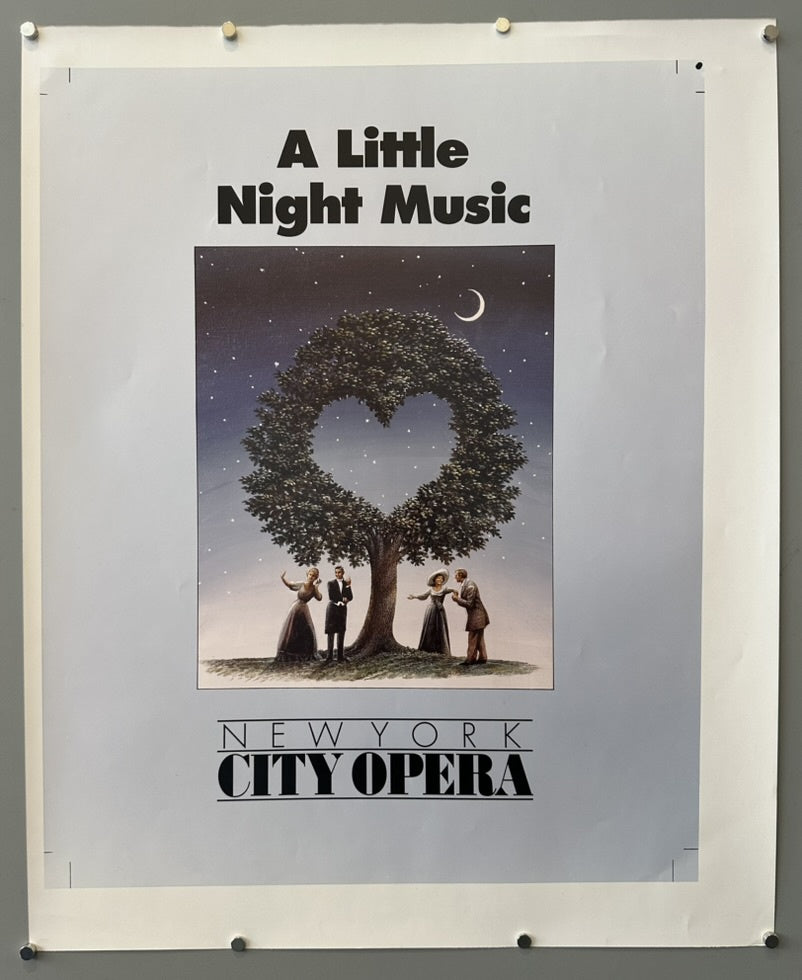 The poster features a tree with a heart-shaped opening in its foliage, under a crescent moon, with several figures dressed in period attire standing around the tree
