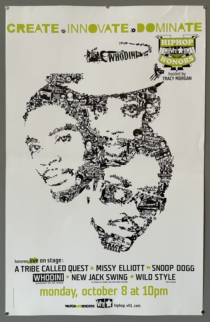 VH1 Hip Hop Honors, featuring a large black and white illustration of faces made from smaller text and images related to hip hop. The top of the poster reads "CREATE INNOVATE DOMINATE" in green.