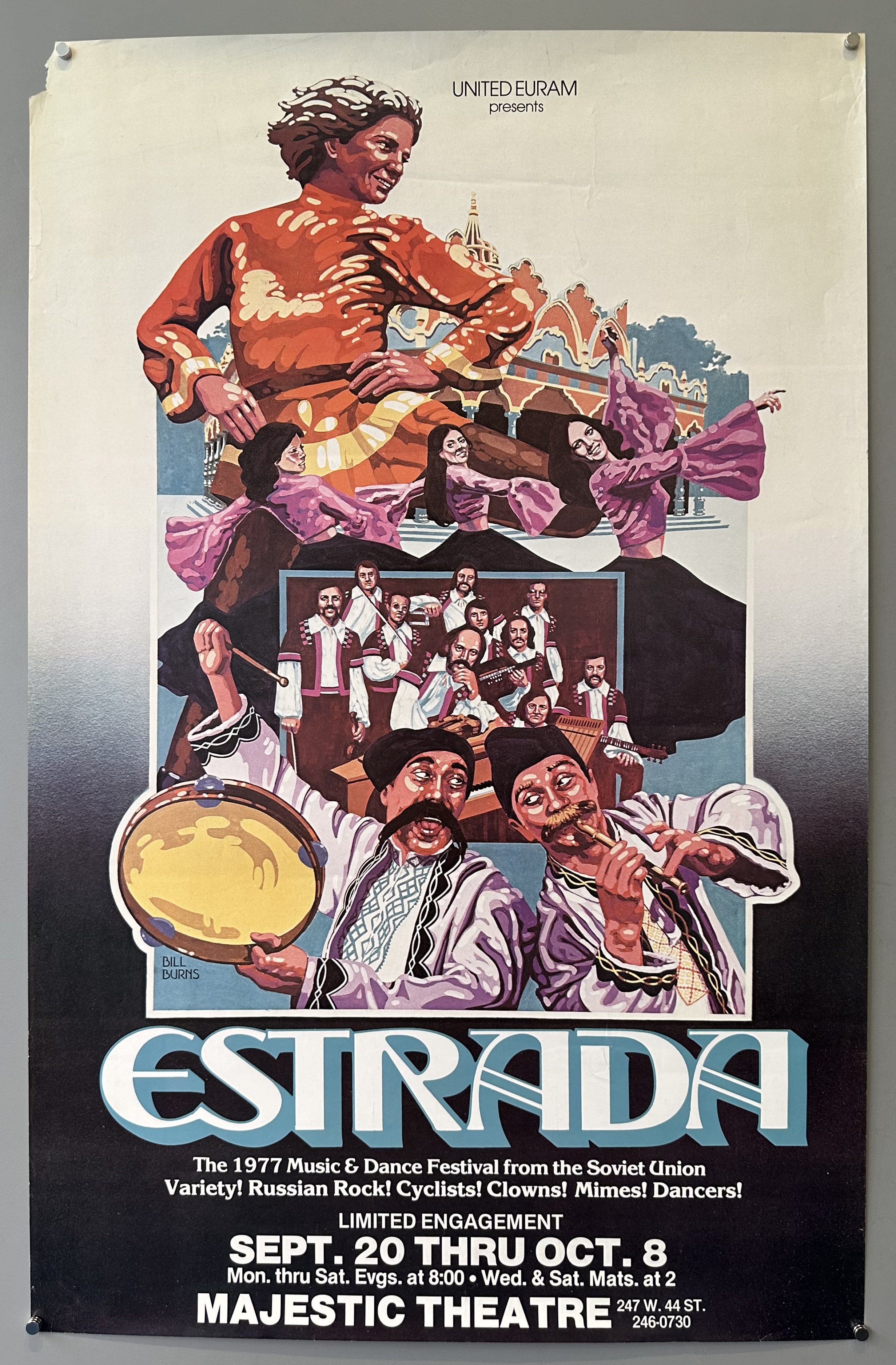 Women dancing in Sovet style clothing and men playing instruments for poster promoting Russian Broadway play.