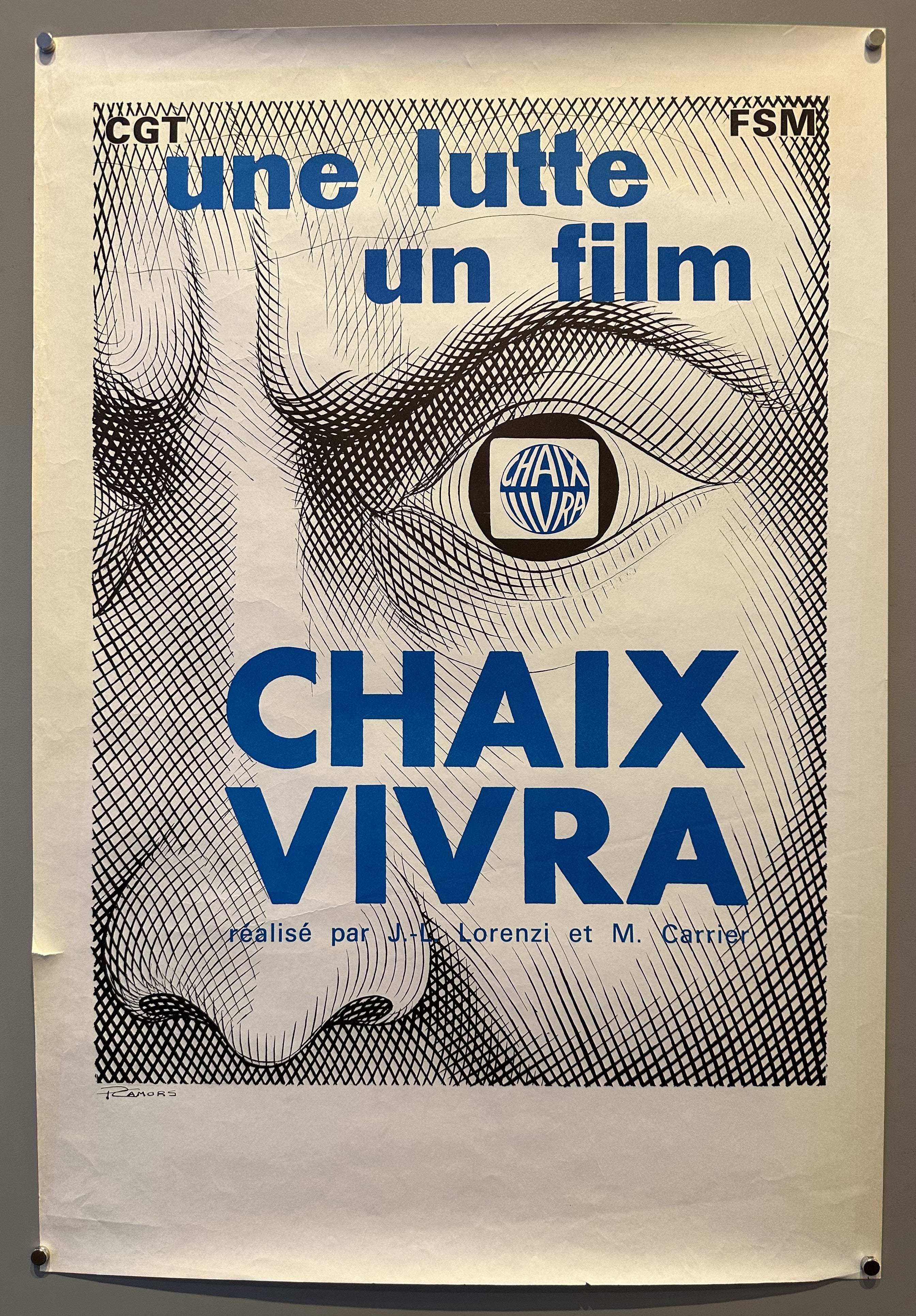 Close-up of a man's face created out of black lines with blue text over it to promote French film 'Chaix Vivra'.