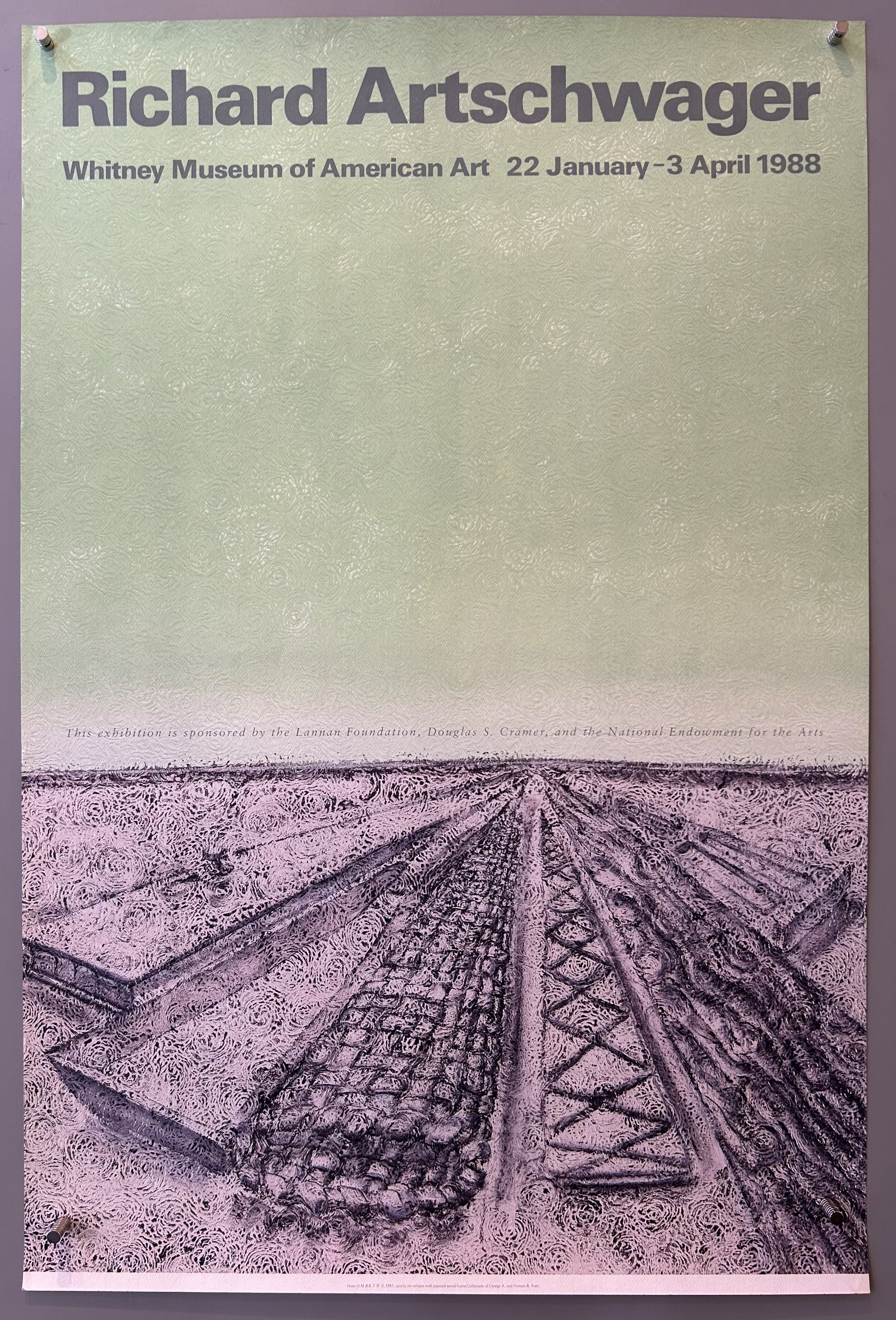 Poster promoting art exhibition with minimalist painting of a field and an open sky in black and white.