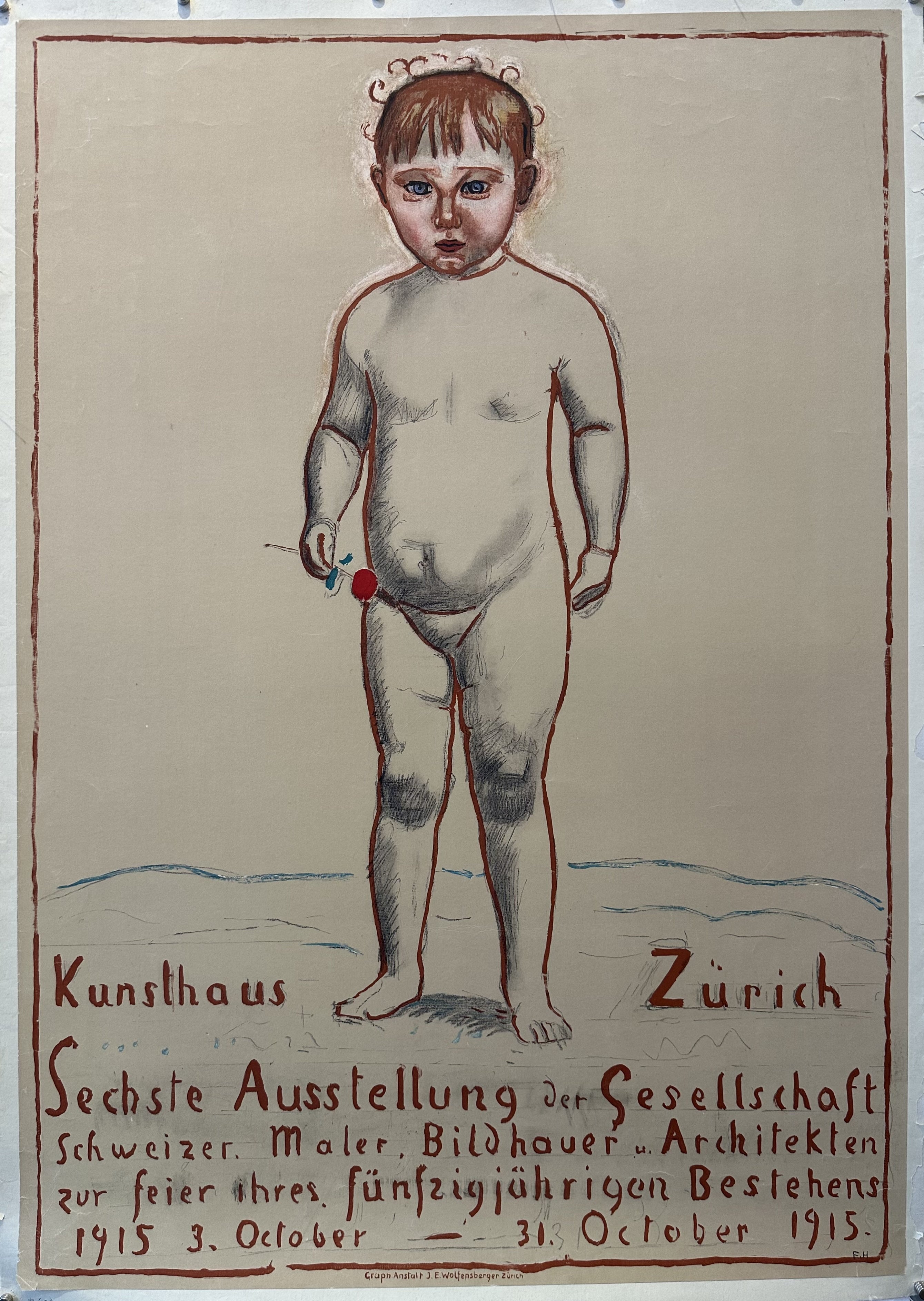 A baby stands nude with a red flower in his hand in this poster for an exhibition in Zurich.