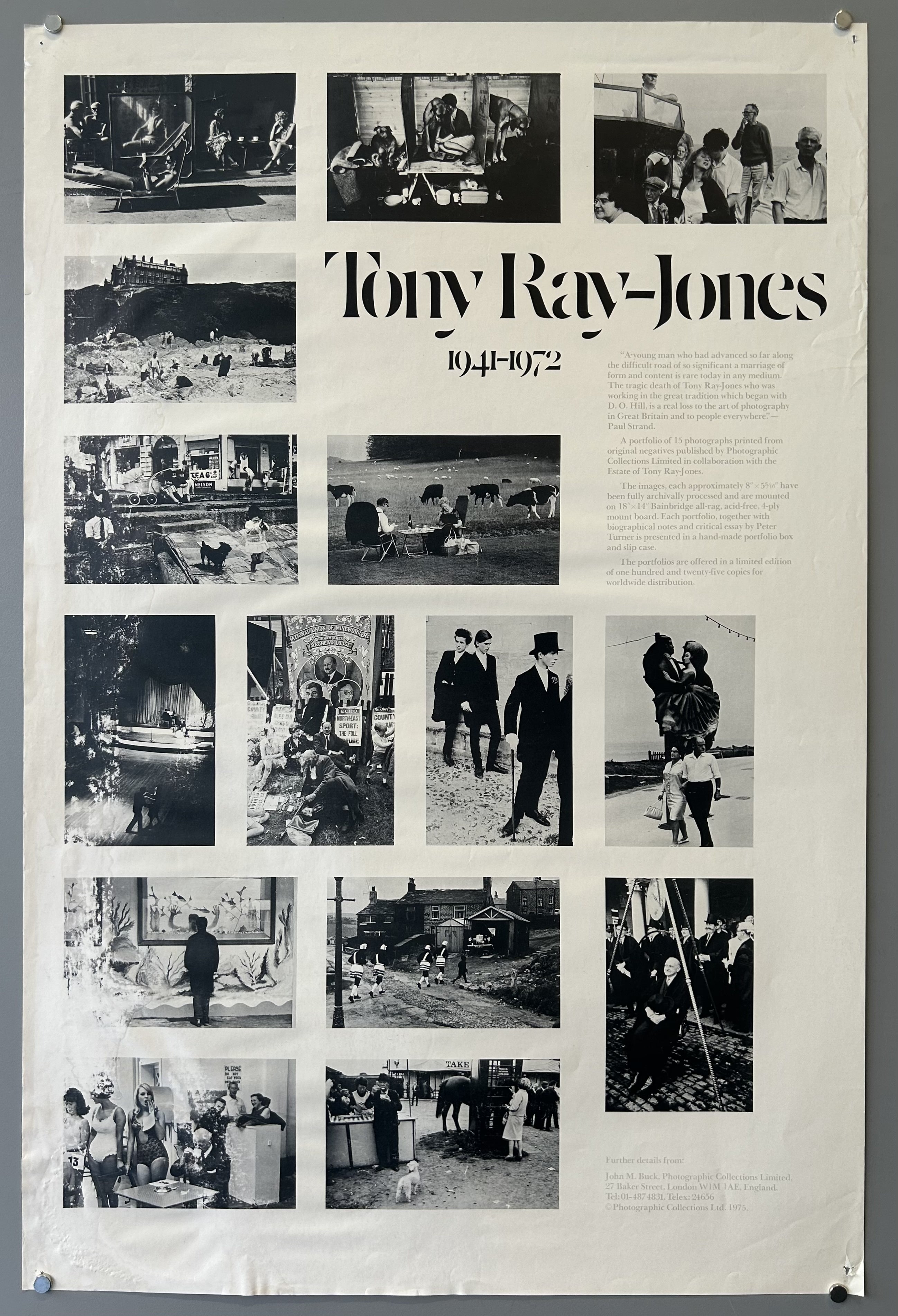 Poster with various black and white vignettes of Tony Ray-Jones' photographs with short bio on right-hand side.
