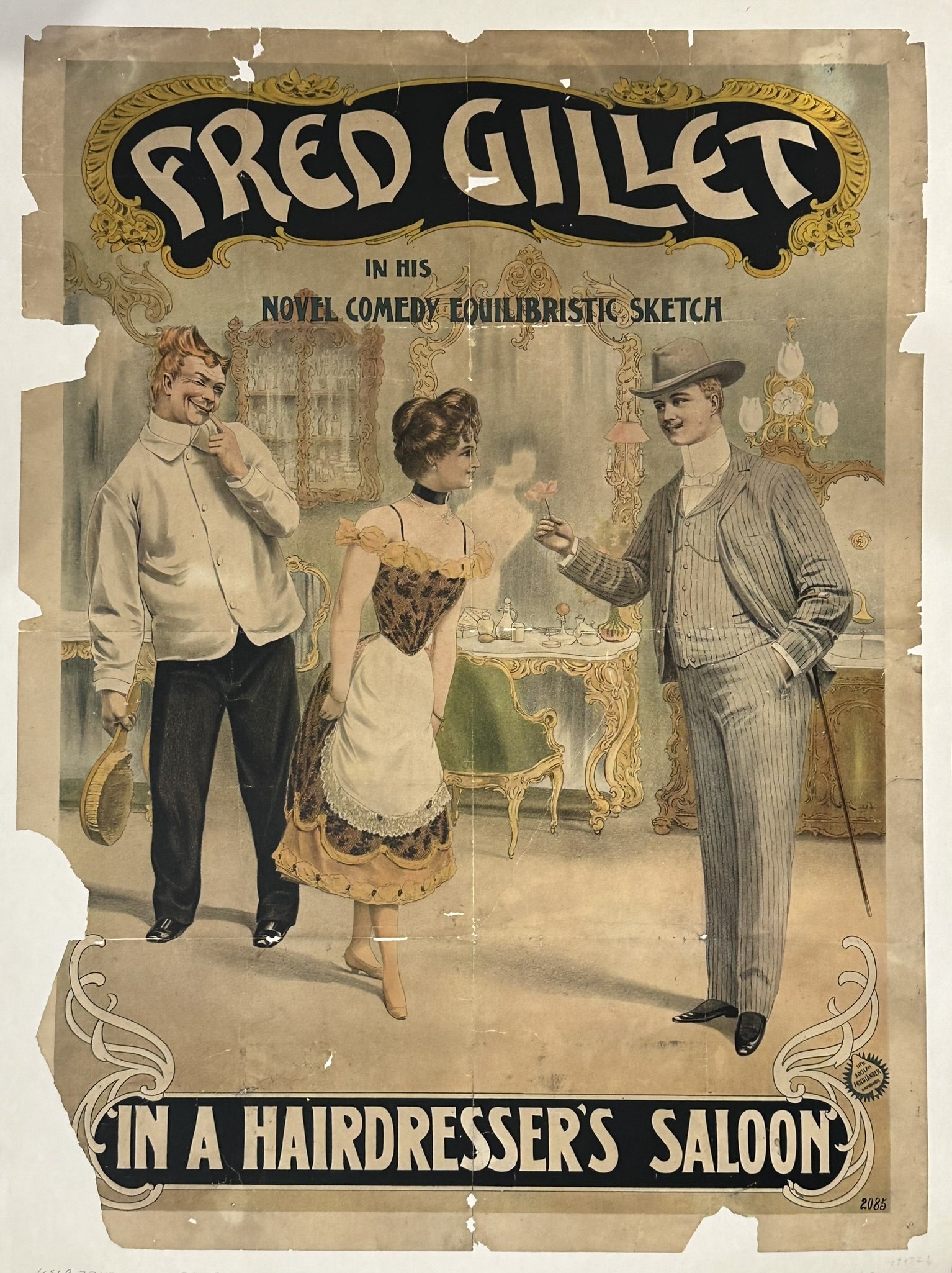 This poster advertises a performance by "Fred Gillet" in a "Novel Comedy Equilibristic Sketch In A Hairdresser's Saloon