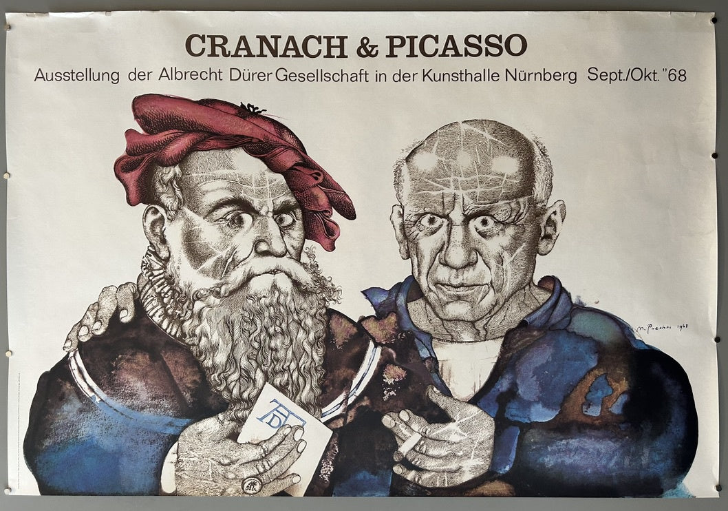 This poster promotes the "Cranach & Picasso" art exhibition held by the Albrecht Dürer Gesellschaft at the Kunsthalle Nürnberg in September/October 1968.
