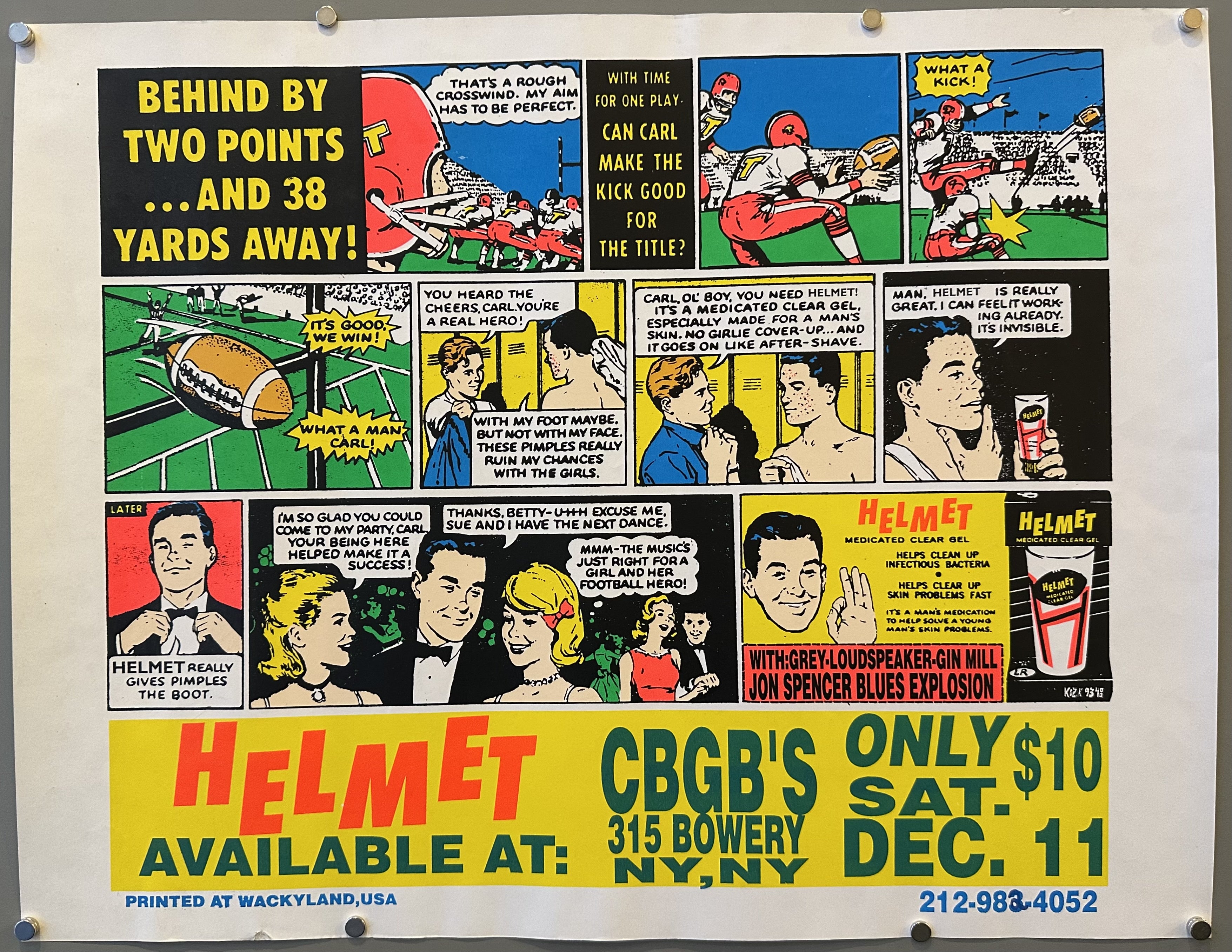 Comic strip design announcing Helmet's performance at CBGB's in New York chronicling a football player's day.