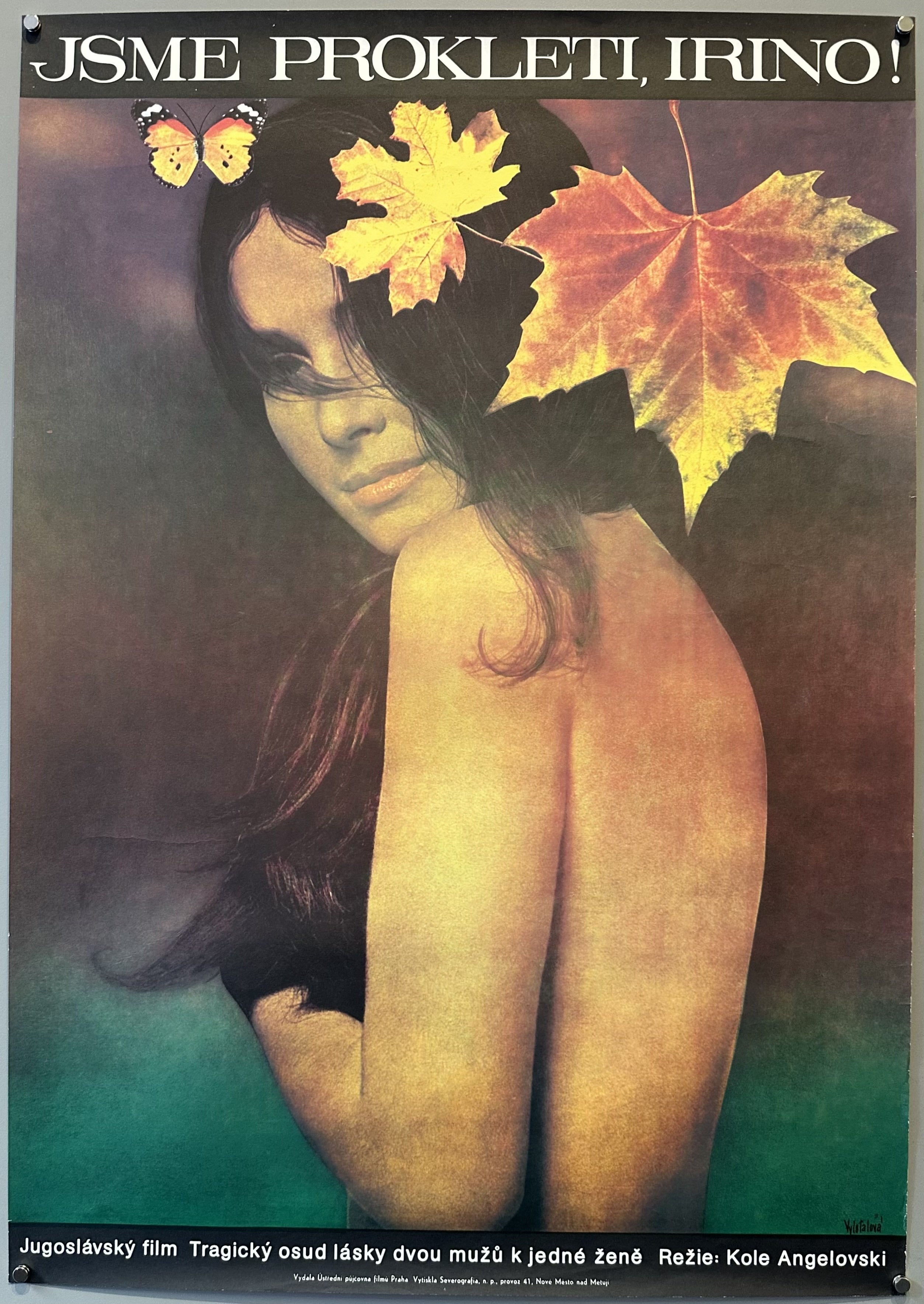 A nude woman shows only her back and shoulder as she turns to look at something in this Czech movie poster