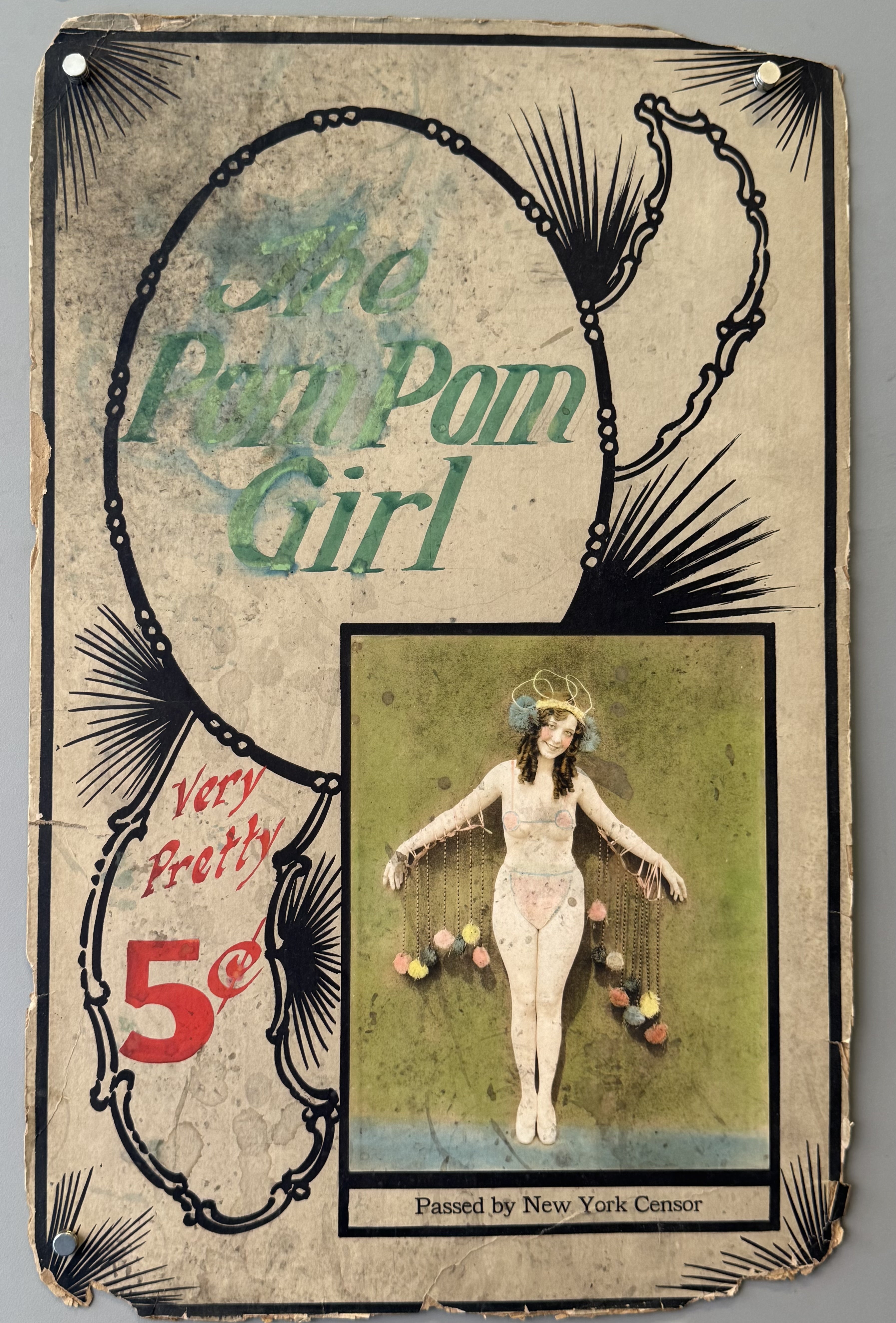 his image appears to be a vintage cover or advertisement featuring "The Pon Pom Girl," likely from an early 20th-century publication or film promotion, evidenced by the explicit mention of "Passed by New York Censor" and the 5¢ price point.