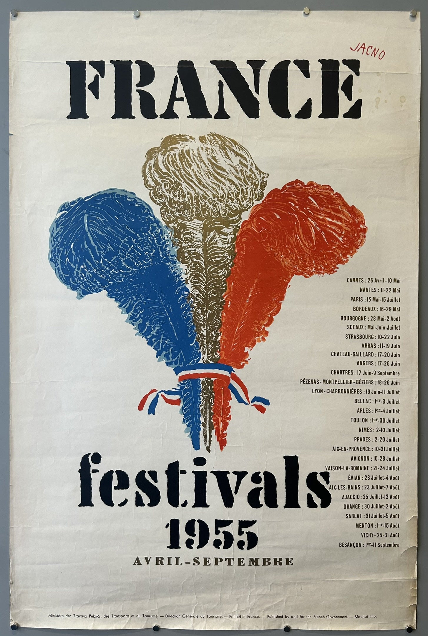 The poster features a striking visual of three stylized plumes, colored blue, white, and red, reminiscent of the French tricolor flag, tied with a ribbon also in the national colors.