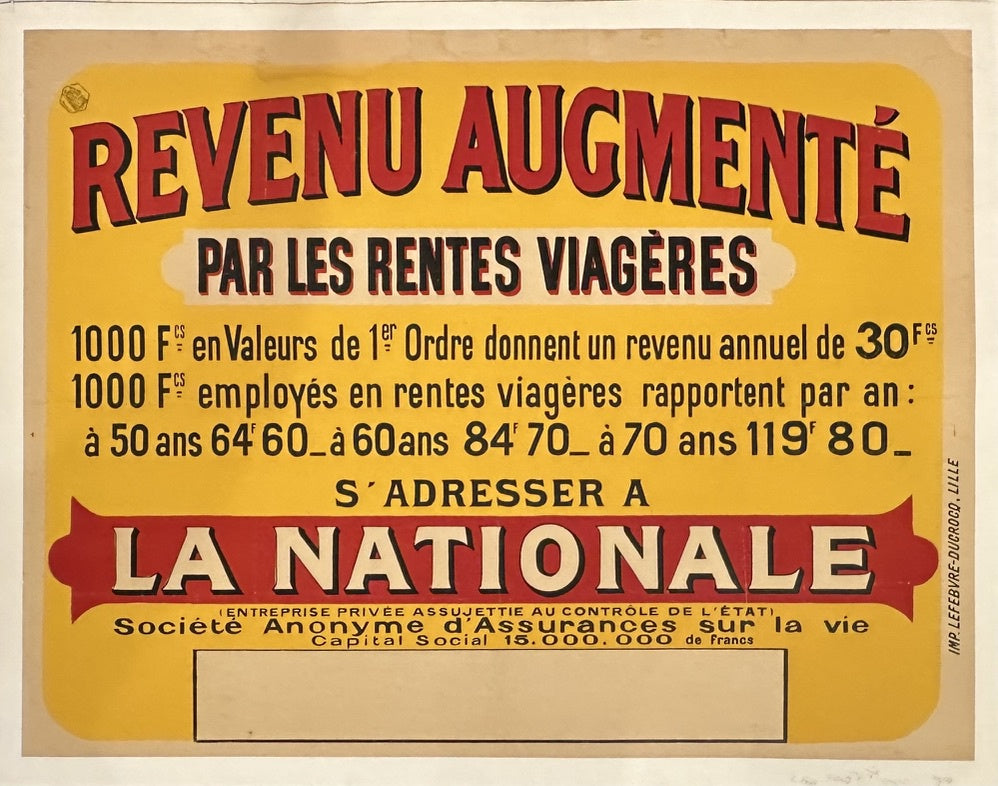 This poster is an advertisement for La Nationale, a French life insurance company, promoting increased income through life annuities (rentes viagères).