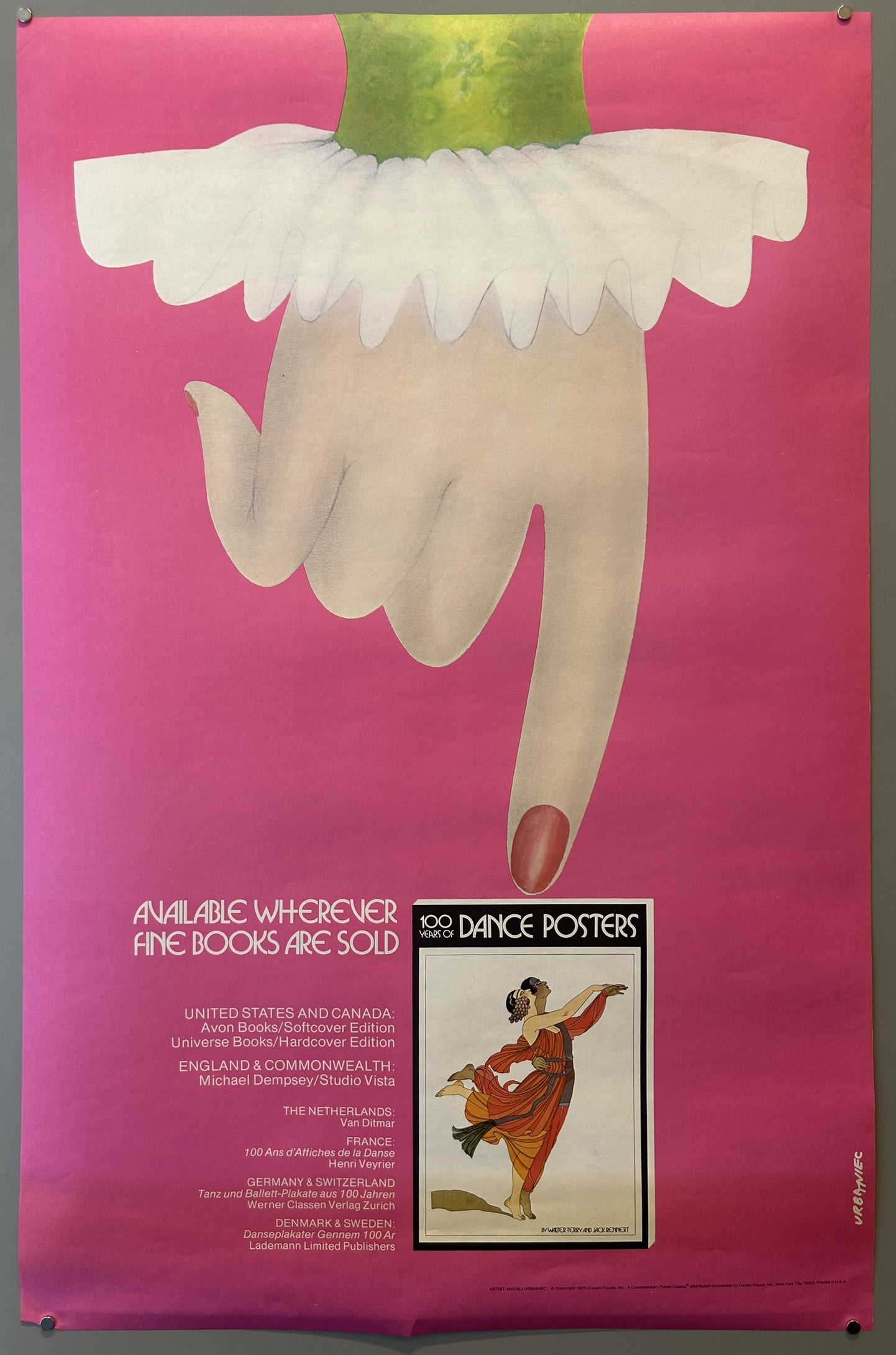 Published in 1975, with various international editions listed on the poster itself, including softcover and hardcover versions by different publishers like Avon Books, Universe Books, and Flare.