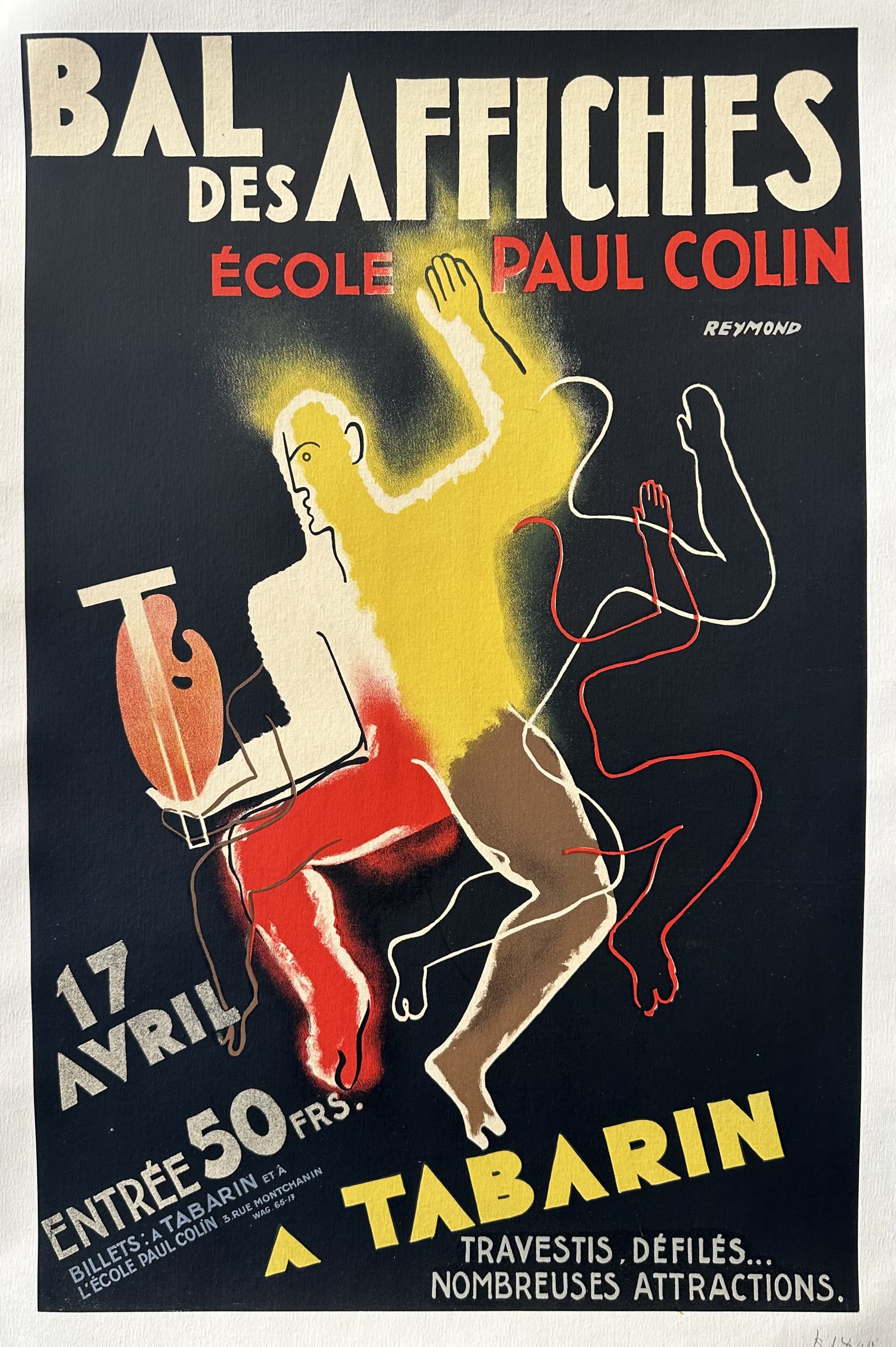 Outline of man dances with paint easel in his hand against a black background for the Bal des Affiches at the Paul Colin School