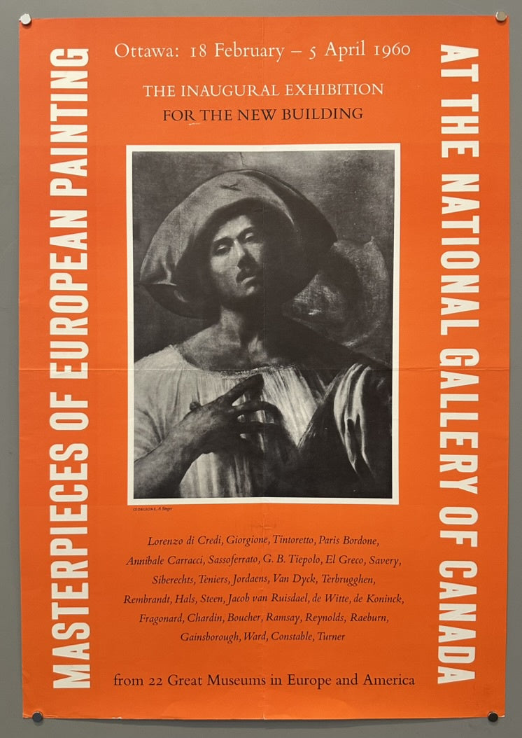 This poster advertises "Masterpieces of European Painting," the inaugural exhibition for the new building of the National Gallery of Canada in Ottawa.