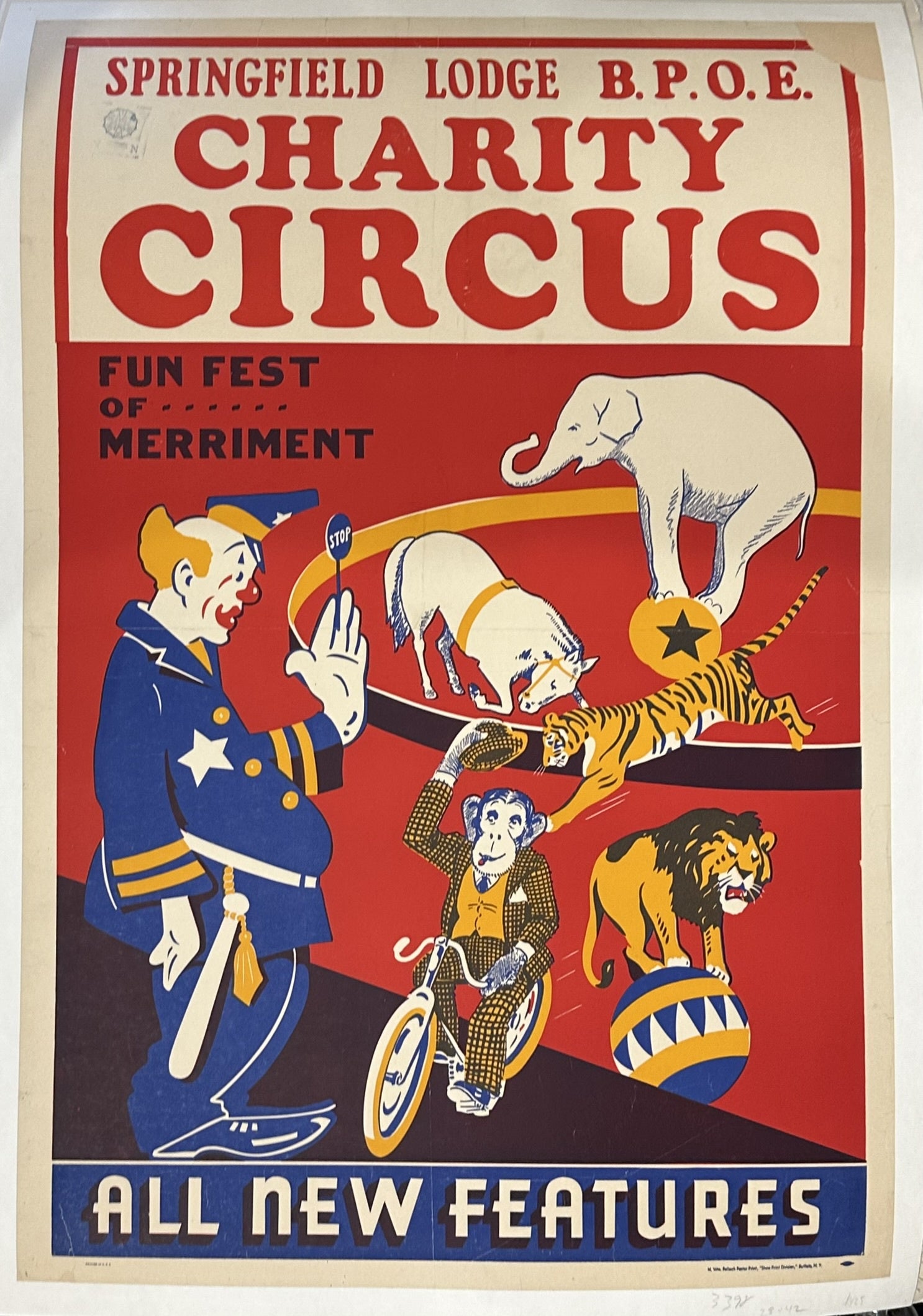 This date is associated with the "Fun Fest of Merriment" circus poster, which features similar imagery including a clown and animal acts, and is attributed to the Courier Co. around that time.