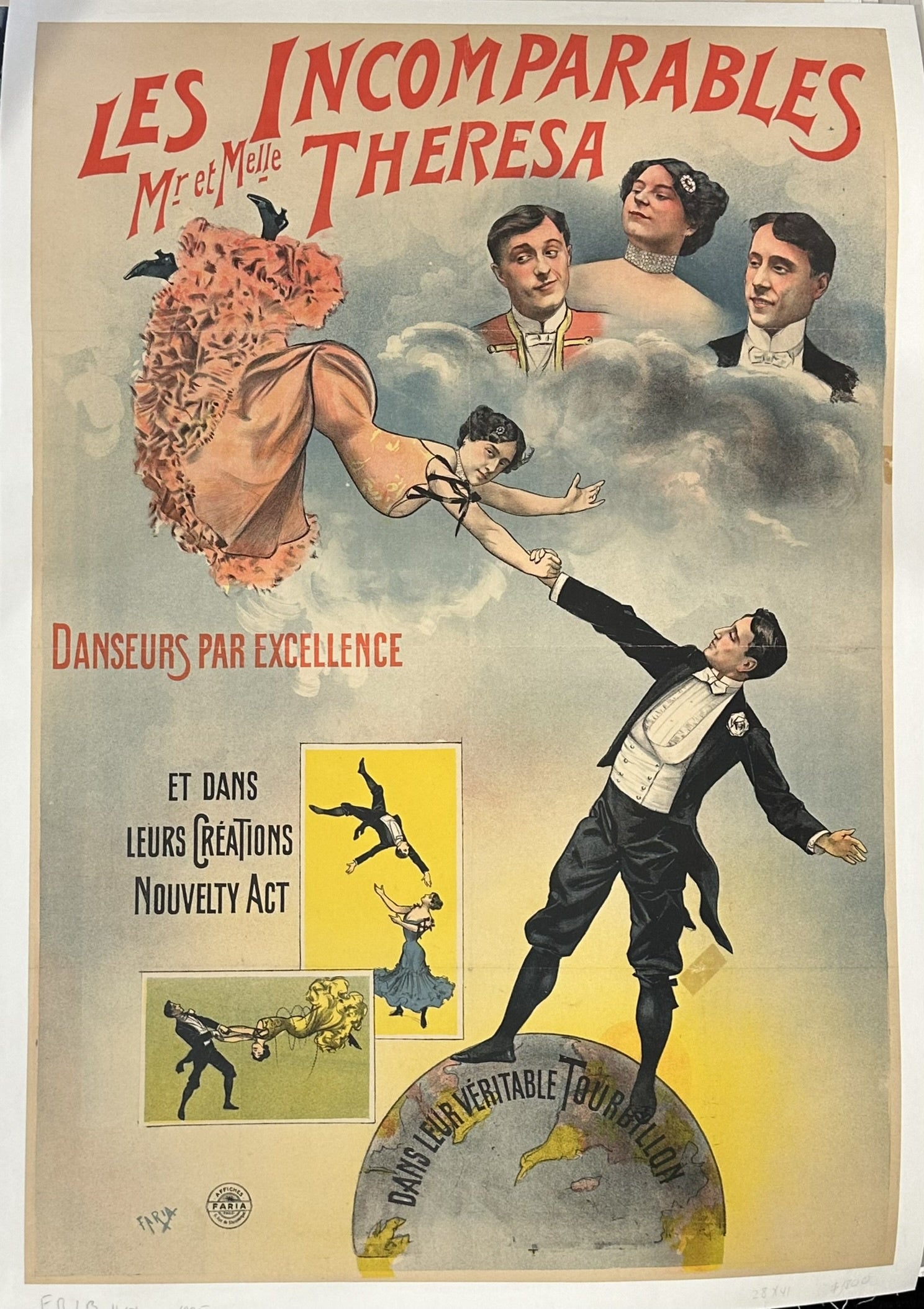 The poster depicts an acrobatic dance performance, showing the male and female performers in dynamic poses, including a cloud scene and a globe representing "Leur Véritable Tourbillon" (Their True Whirlwind)