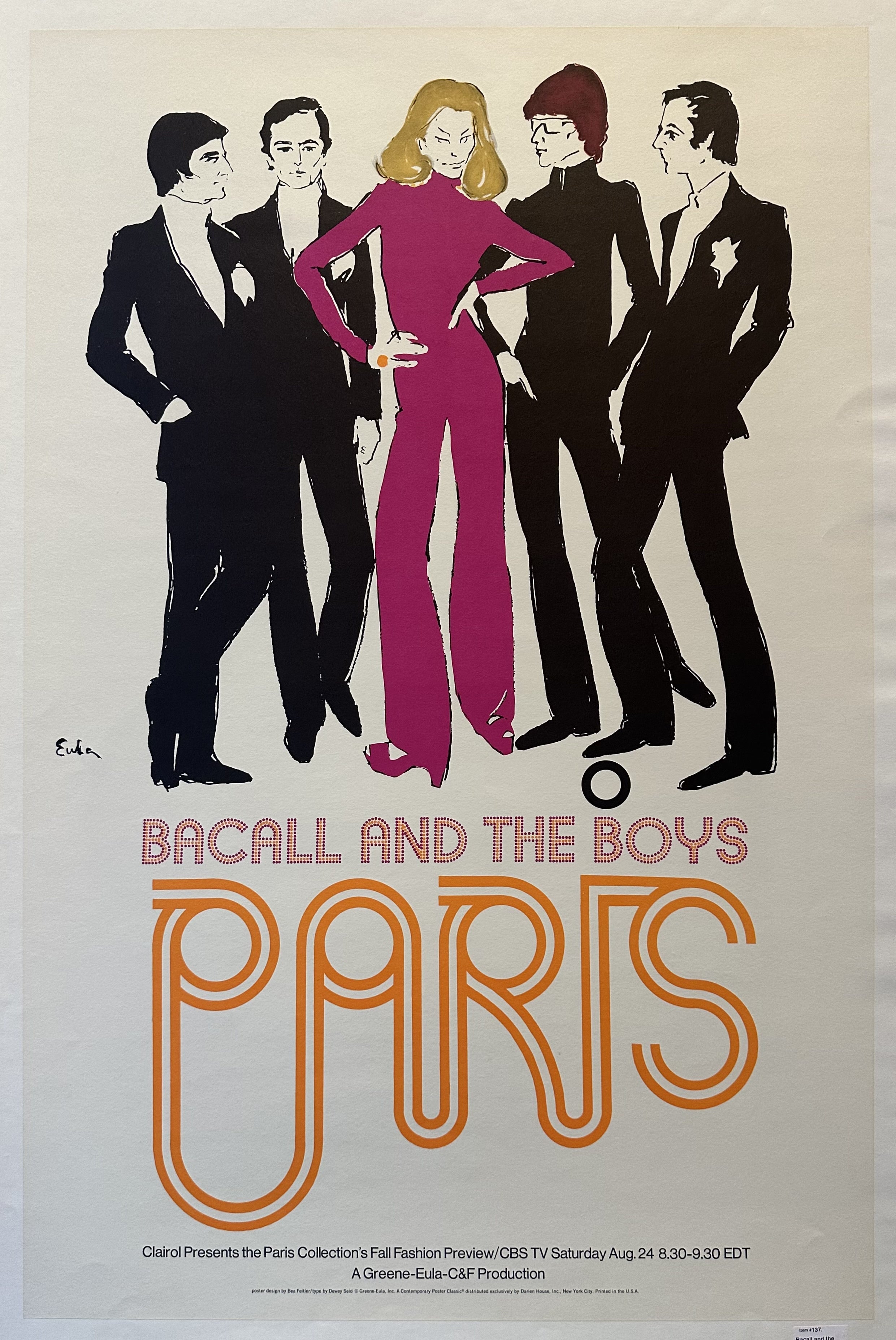 A vintage poster featuring Lauren Bacall in a dress, surrounded by four men in suits. The text reads: "Bacall and the Boys Paris.