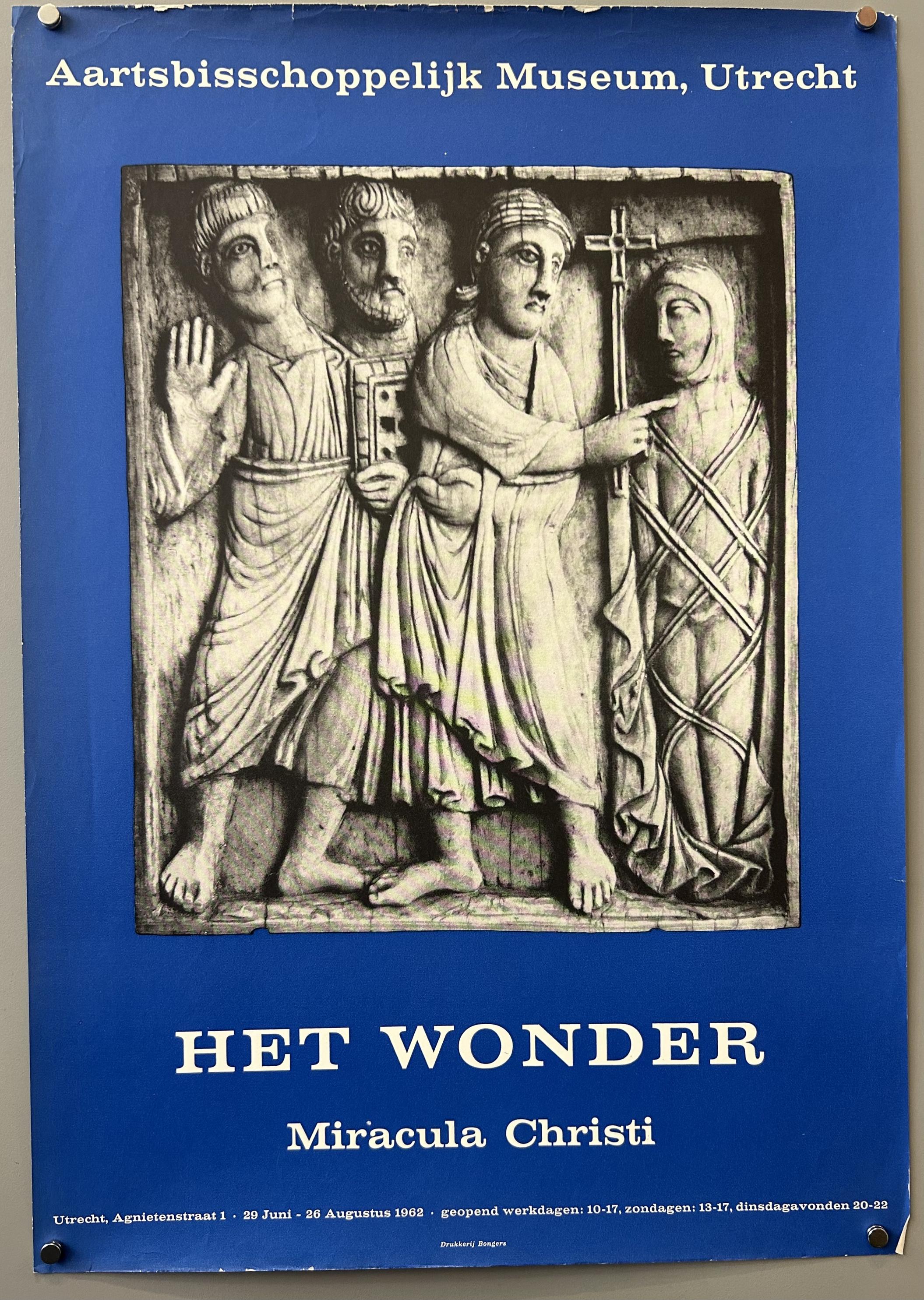 black and white photograph of a stone relief sculpture depicting four figures. The text at the top identifies the location as the Aartsbisschoppelijk Museum in Utrecht.