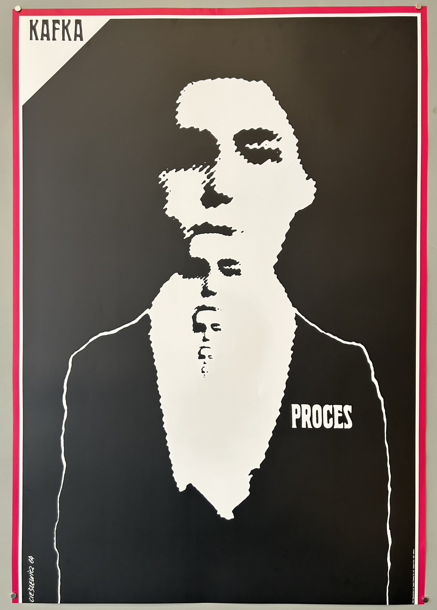 Cieslewicz utilized his signature technique of photographic distortion with high-contrast black and white imagery, creating a haunting visual where the character's head appears to diminish into the white space, symbolizing the oppressive themes of Kafka's work