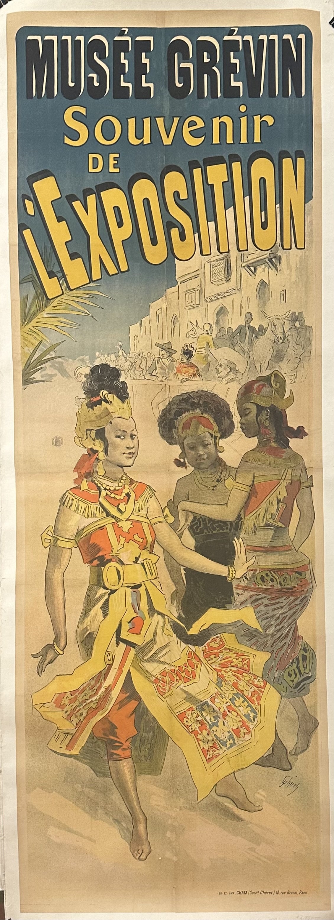 A vintage poster for the Musée Grévin in Paris, featuring three women in traditional Southeast Asian attire, with the text "MUSÉE GRÉVIN Souvenir de l'Exposition".