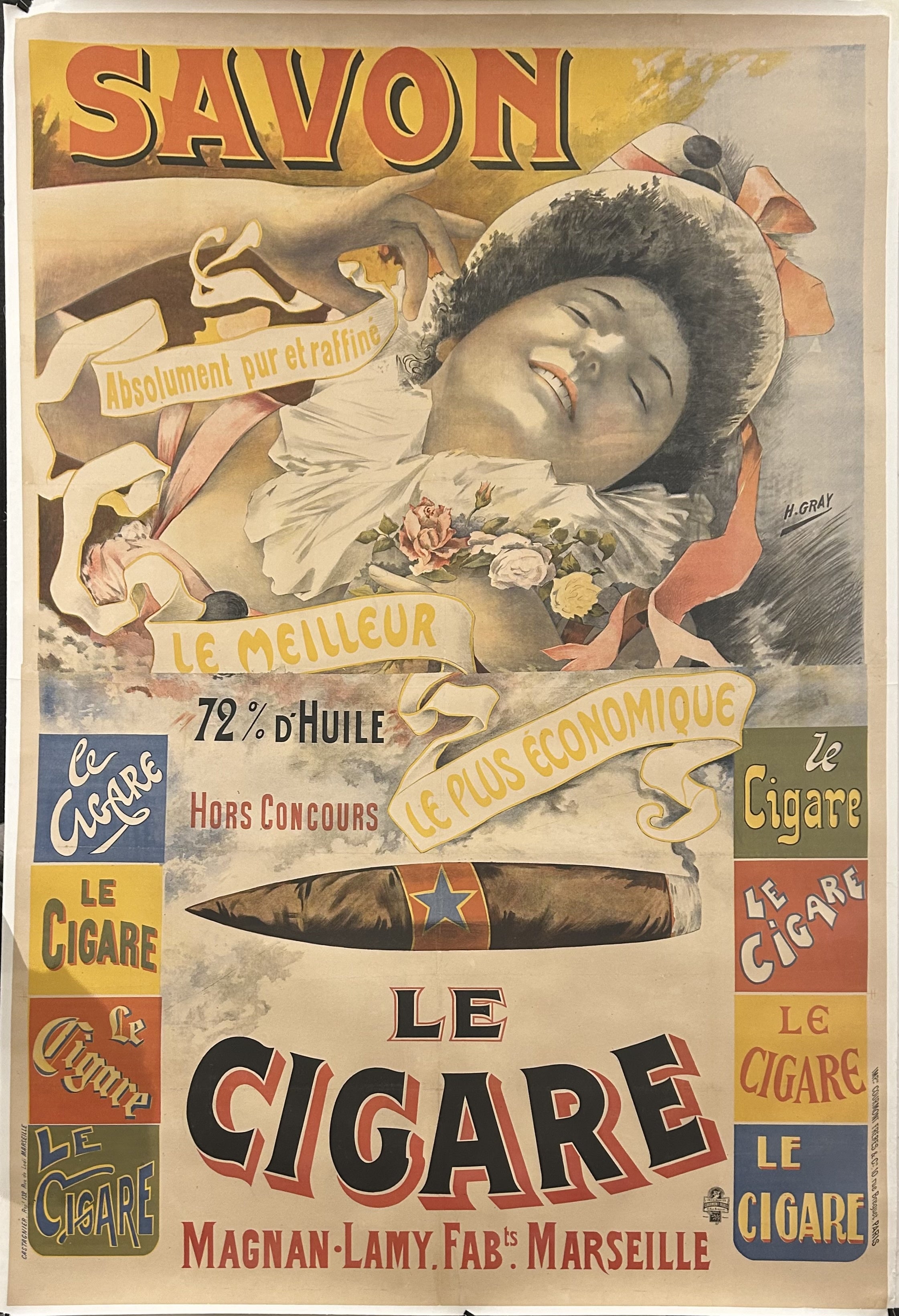 A woman lavishes in her cigar-smelling soap in this vintage French advertisement.