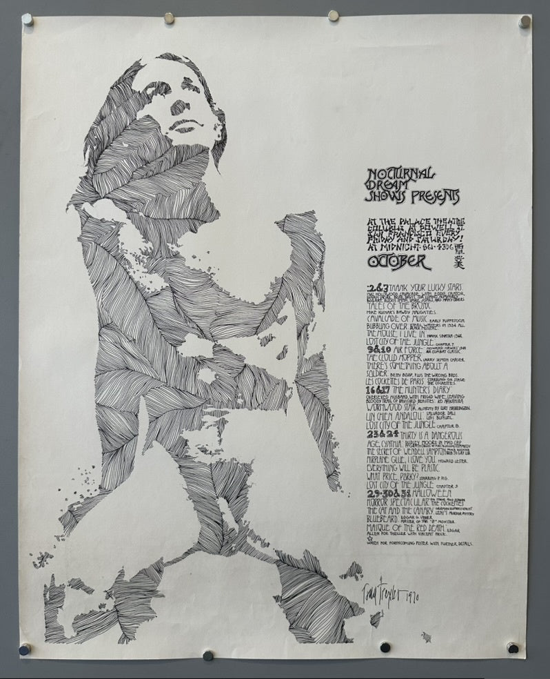 Nocturnal dream show poster featuring a black and white sketch of a woman as well as the dates of the performances