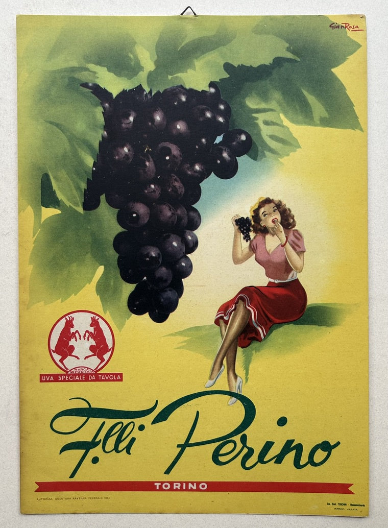 This is a vintage Italian advertising poster for F.lli Perino grapes from Turin, likely created in 1951 by Gian Rosa . The poster features a woman eating grapes and a large cluster of grapes, with the text indicating the brand and type of grapes. The poster was originally made for store windows to advertise Perino produce.
