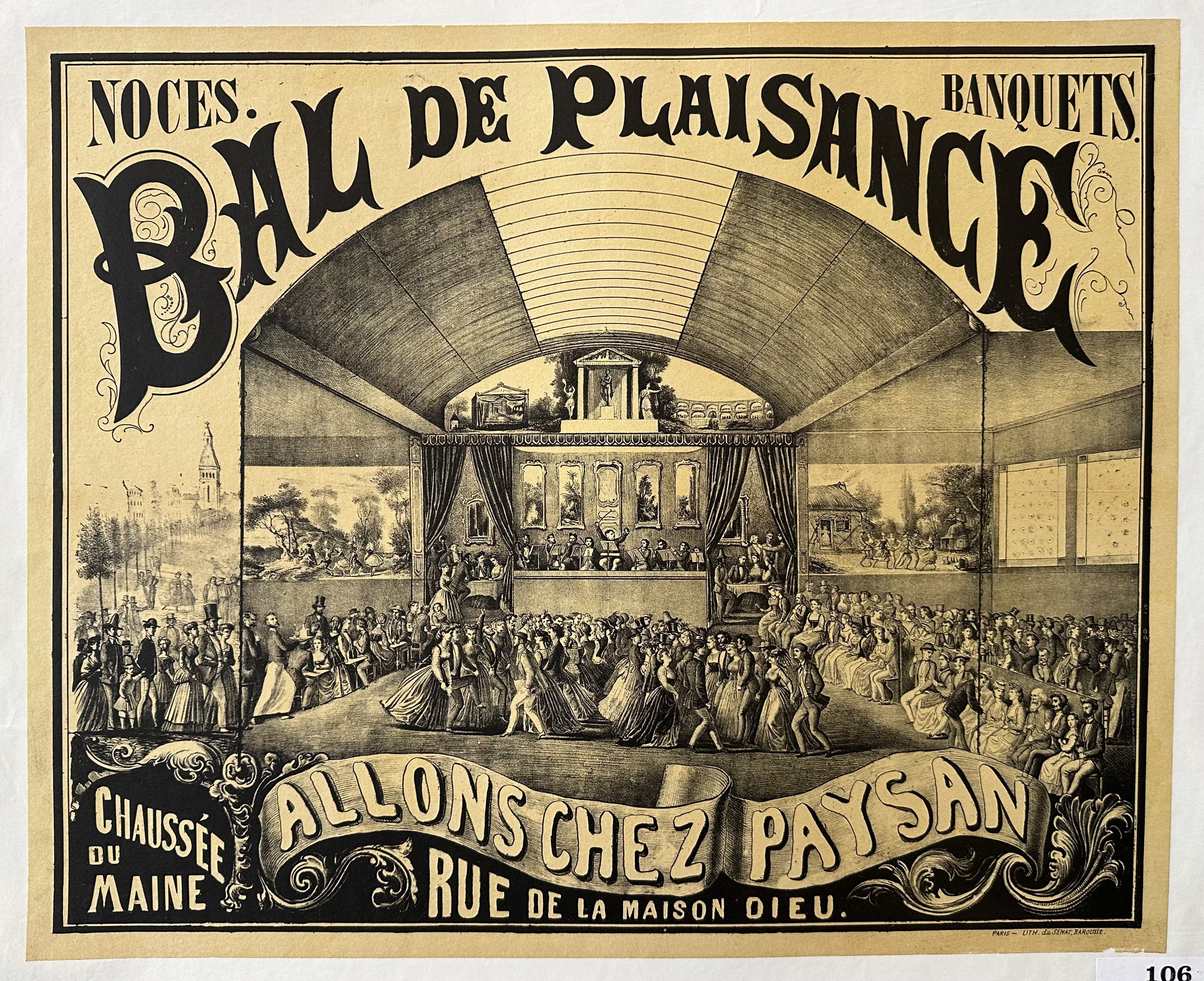 Advertisement for "Bal de Plaisance" (Pleasure Ball) in Paris. Featured is an illustration of a ballroom scene with couples dancing and musicians playing.