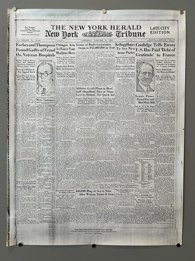 The image displays a poster of the front page of The New York Herald Tribune newspaper, dated Saturday, January 21, 1928.