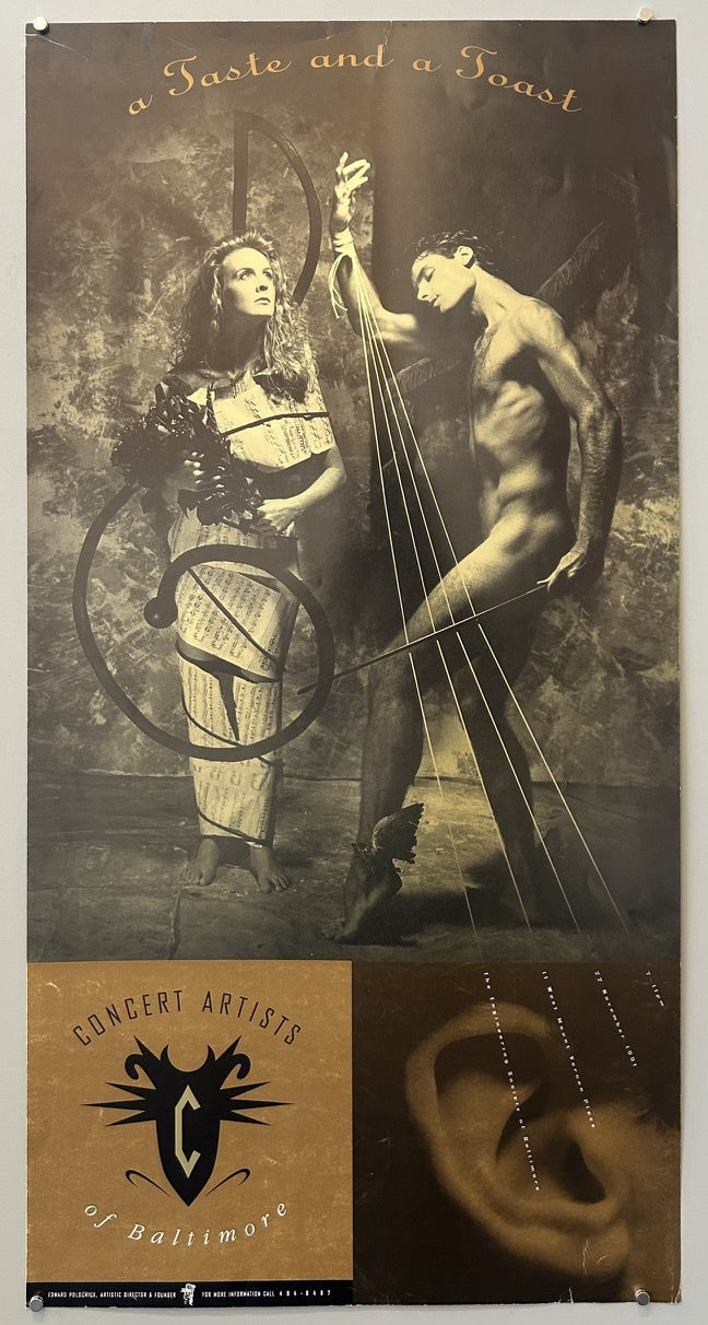 A sepia-toned poster for 'Concert Artists of Baltimore' featuring a woman draped in sheet music and a winged, muscular man with strings emanating from his hand, with the title 'a Taste and a Toast' at the top