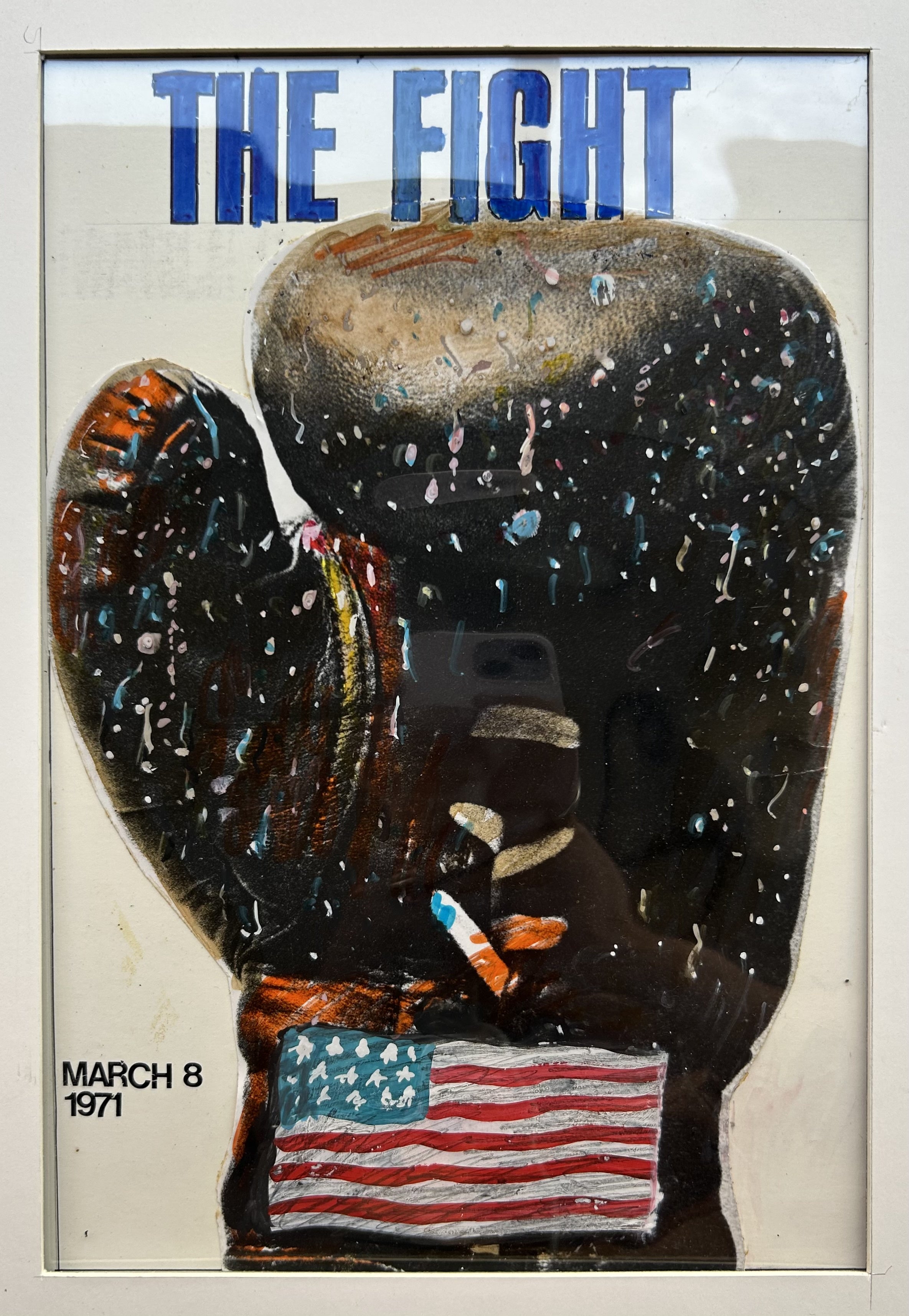 Original artwork of an unused design by Celestino Piatti for a boxing match featuring a boxing glove with an American flag on it against a white background with blue block text.