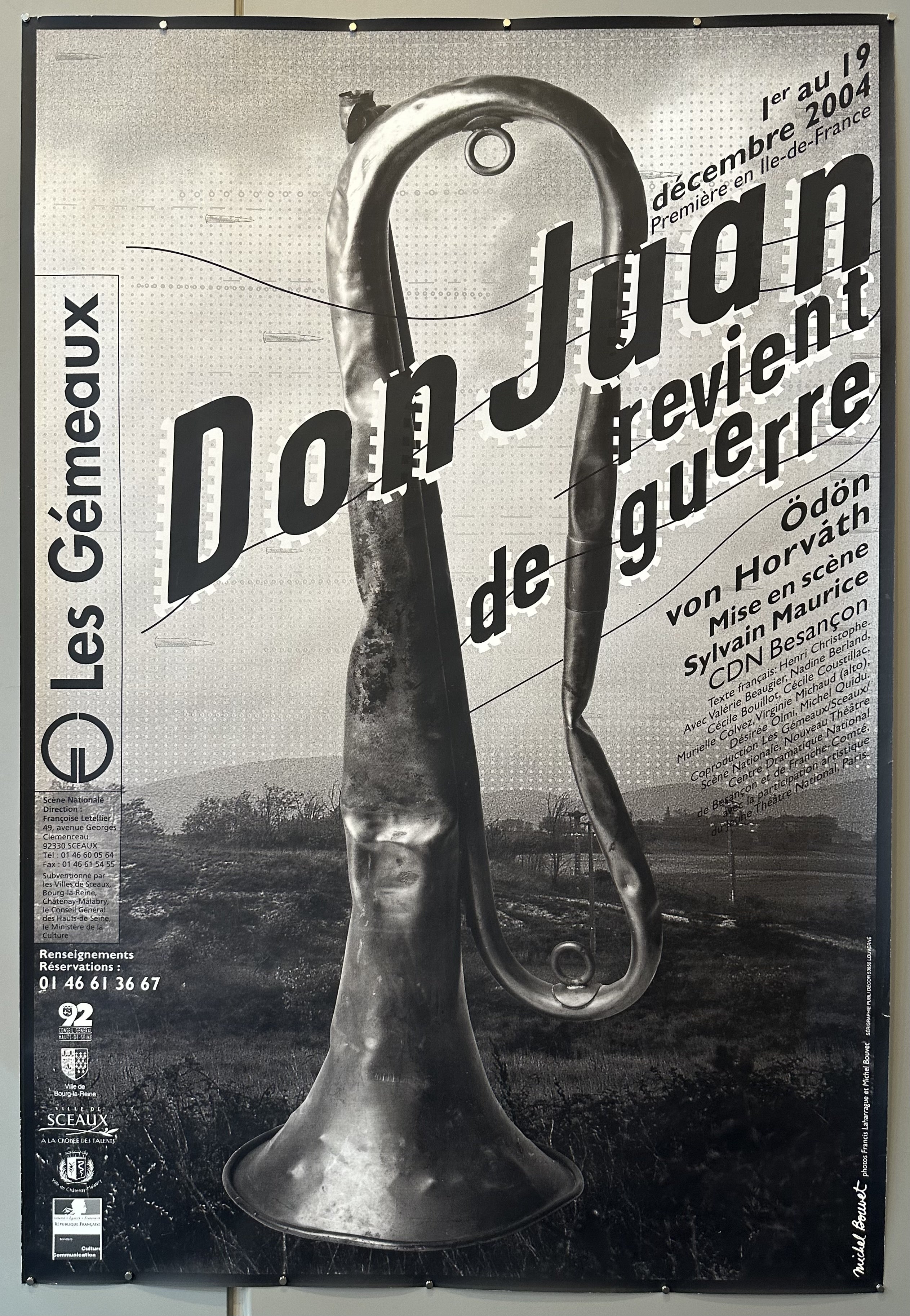 Black and white image of a trombone over a field promoting Don Juan at the Les Gemeaux.
