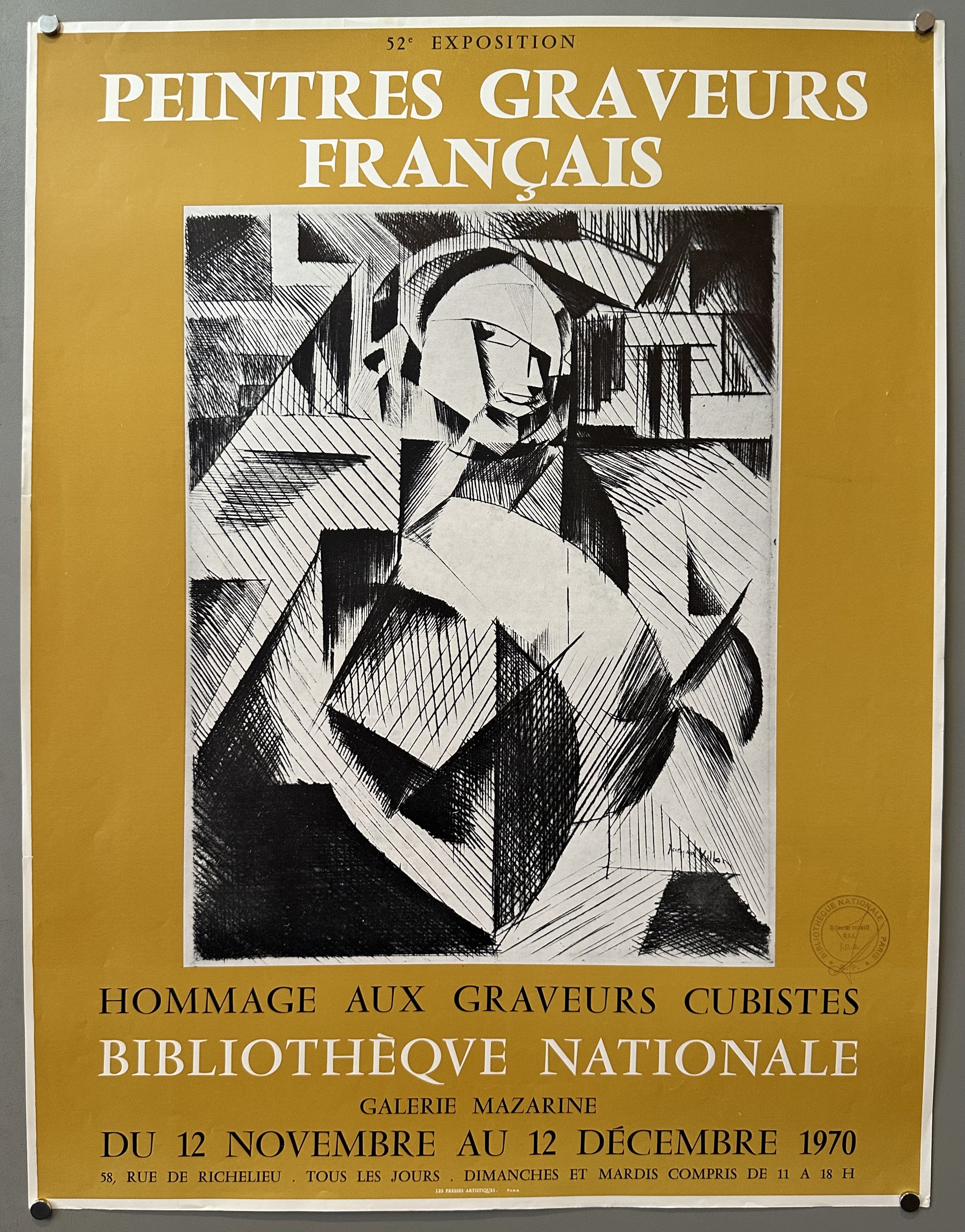 Yellow poster with insert of a cubist painting; white and black text above and below.