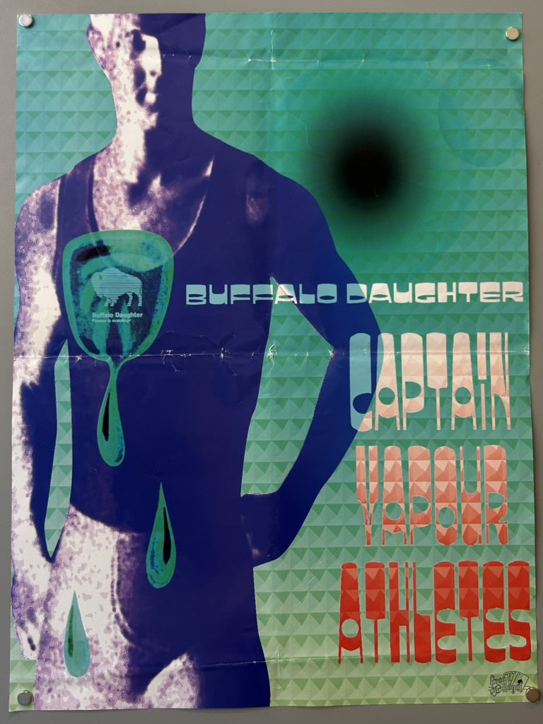 "BUFFALO DAUGHTER" horizontally across the top right, and "CAPTAIN VAPOUR ATHLETES" vertically down the right side in a gradient from light blue to red. A dark, blurry circle is in the upper center.