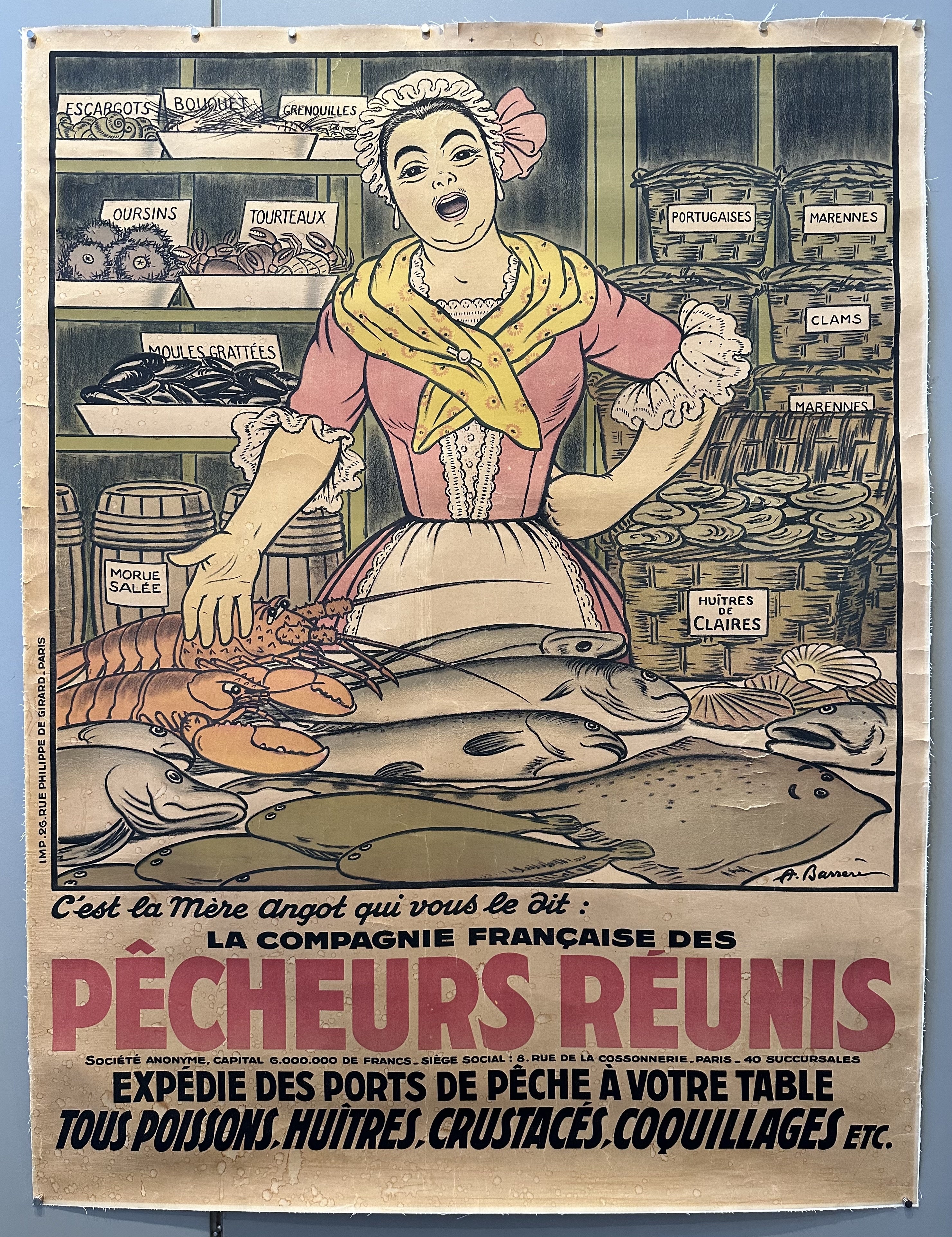 Woman dressed as a fishmonger with an apron and headscarf, standing in front of a fish stall.