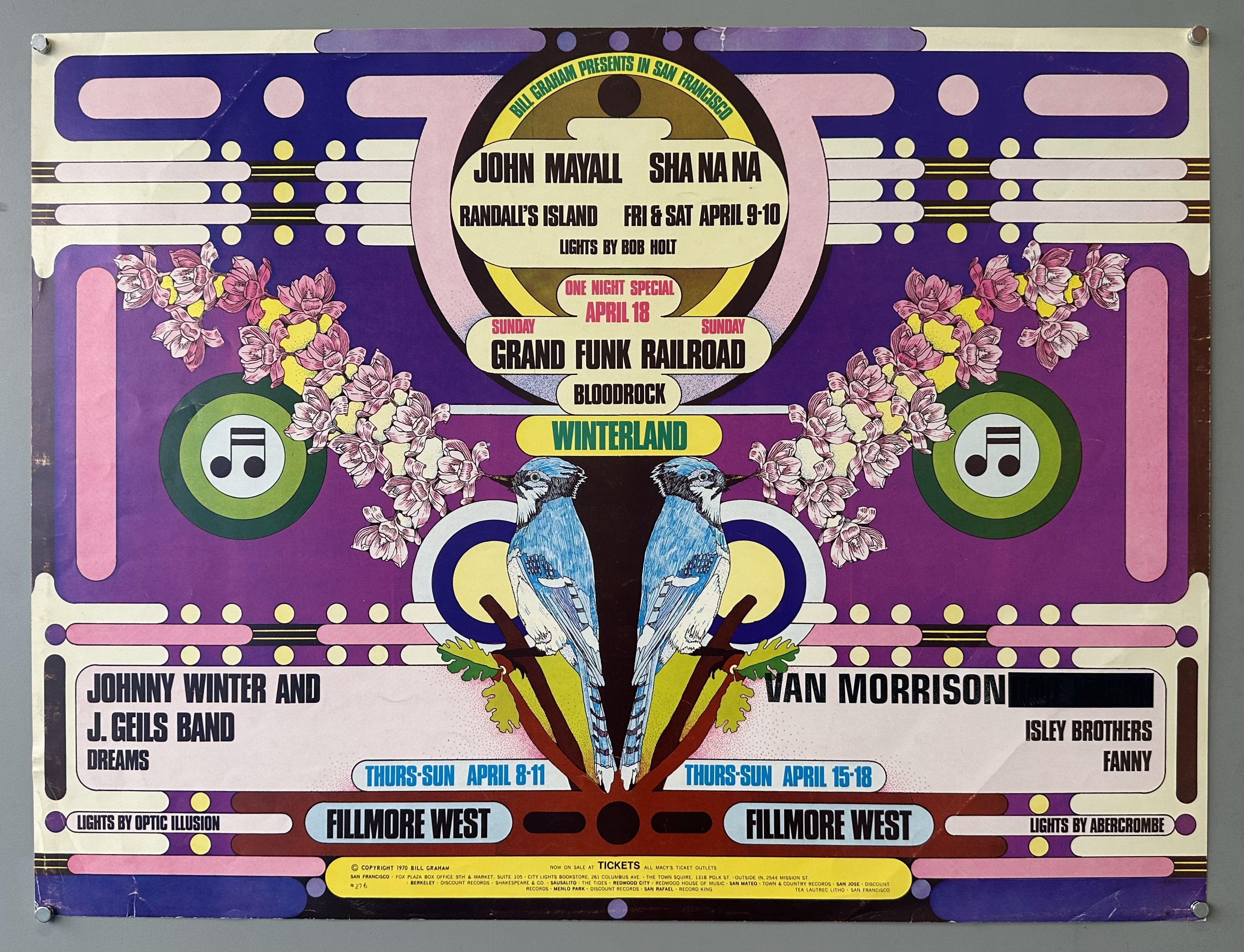 Psychedelic poster with purple background and illustrated blue jays in center promoting music performances at the Fillmore West.