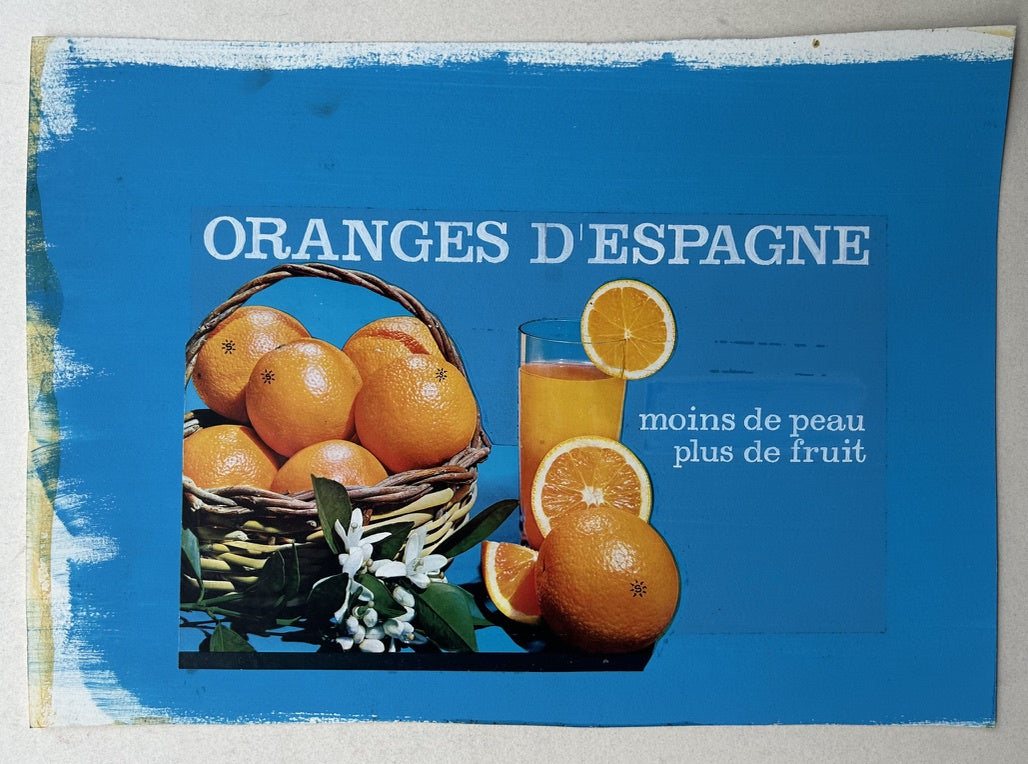 This image is a vintage poster advertising oranges from Spain. It depicts a basket overflowing with oranges, a glass of orange juice with a slice of orange on the rim, and additional orange slices.