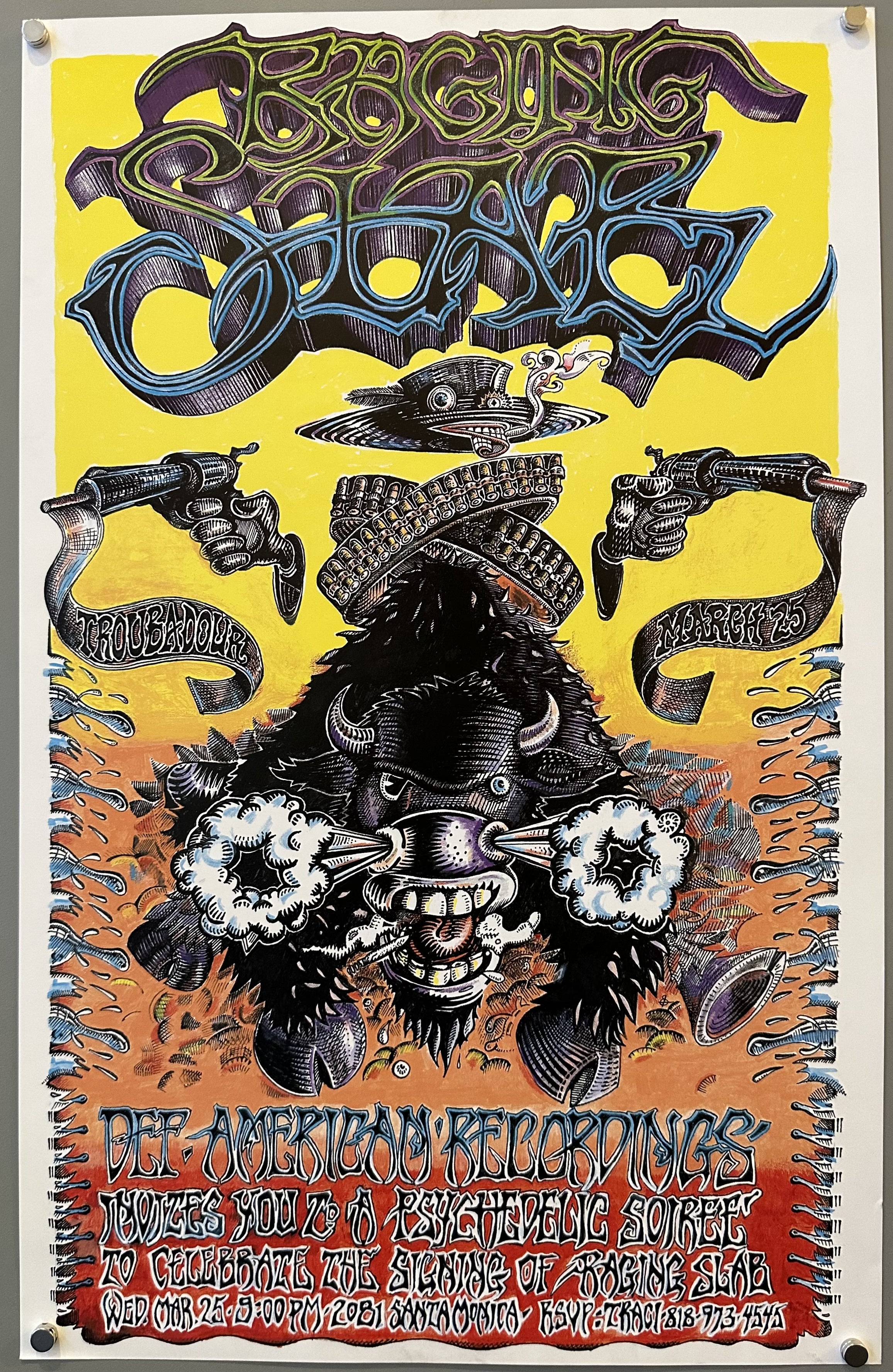 Psychedelic design of a bull charging against a yellow gradient background to promote Raging Bull's signing with their new record label.