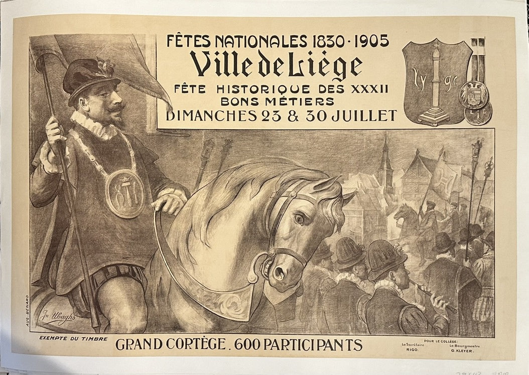 Fête Historique des XXXII Bons Métiers" (Historical Festival of the 32 Good Trades), part of the National Celebrations in Liège, commemorating the period from 1830 to 1905.