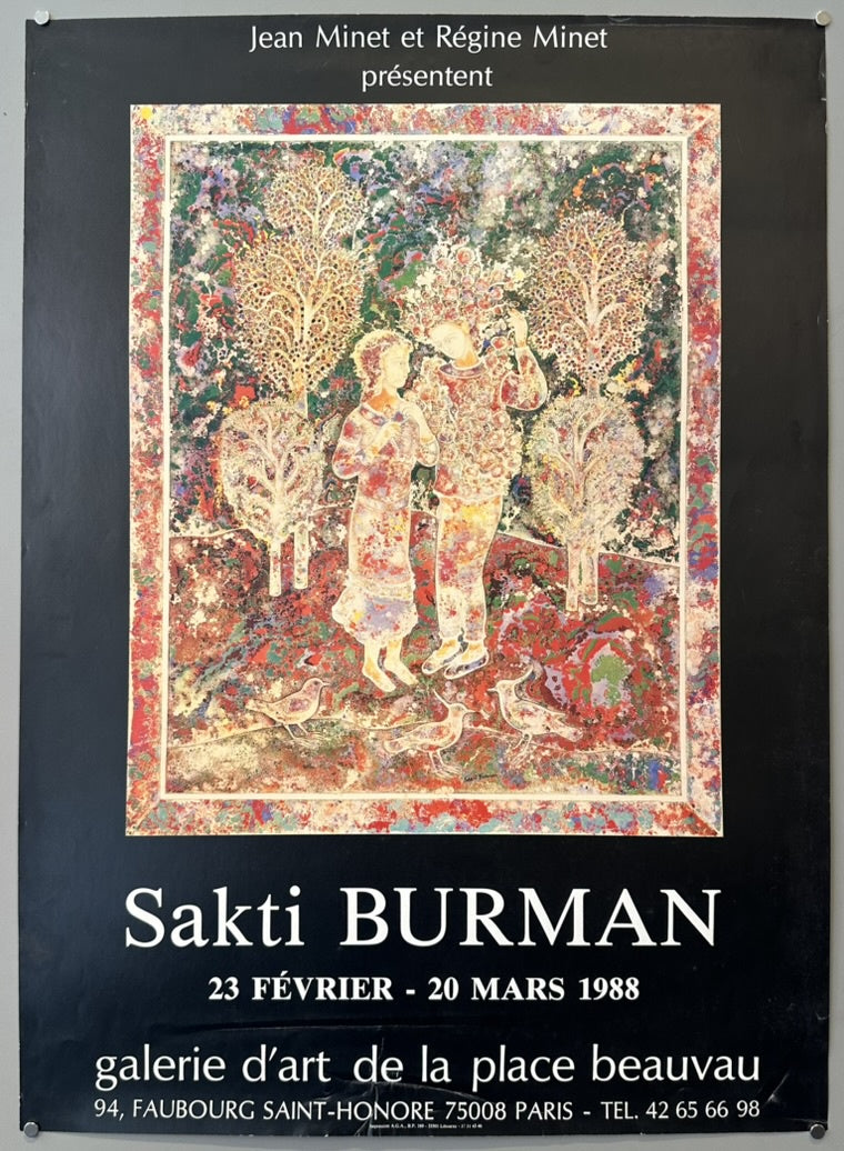 This poster advertises an art exhibition by Sakti Burman, presented by Jean Minet and Régine Minet.