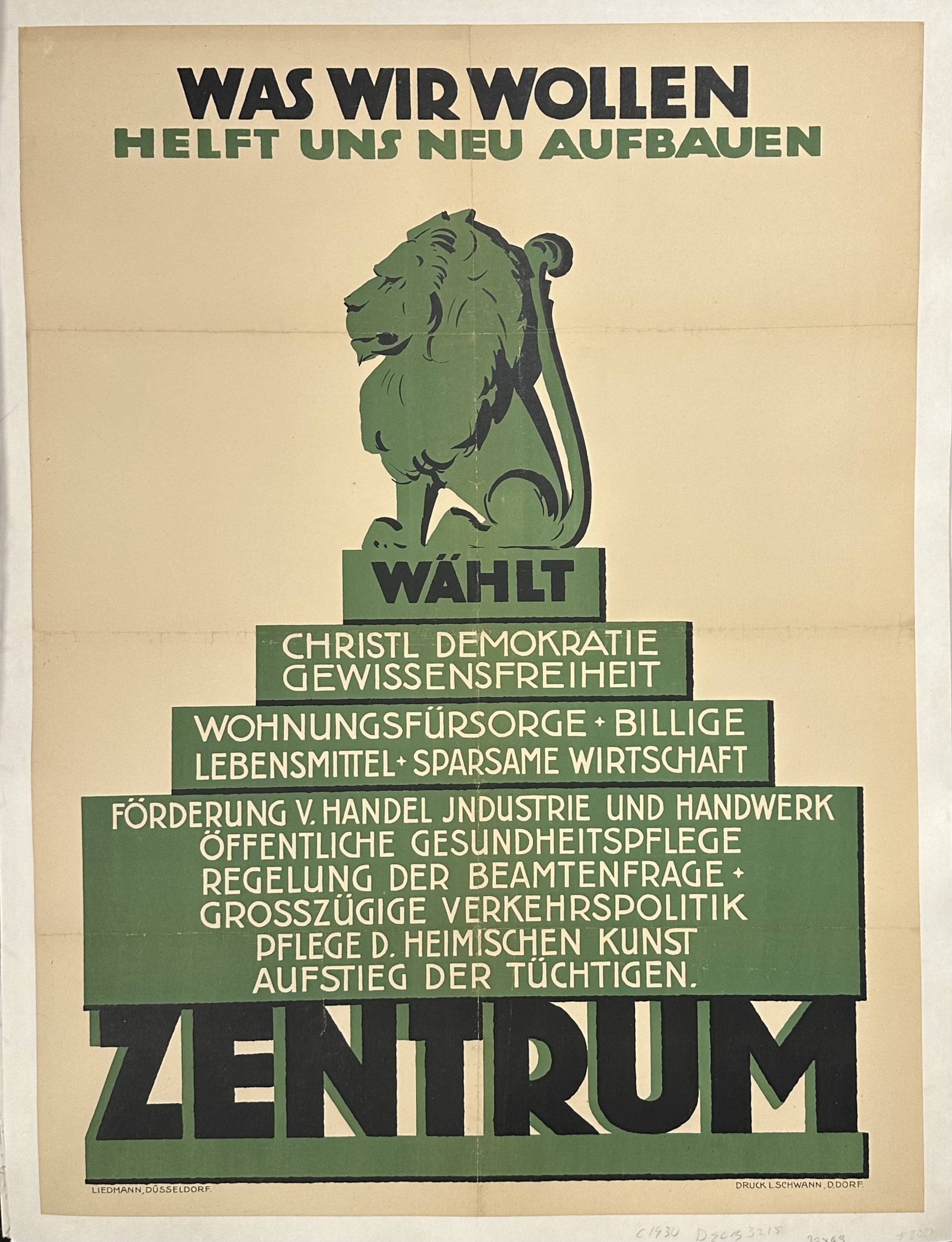 the image occupies the majority, with the title separate and positioned across the top edge, in black and in green. The text is integrated and positioned in the lower half, in black and in white. All set against a white background. a green statue of a lion, seen in profile, on the top of a stepped pedestal.