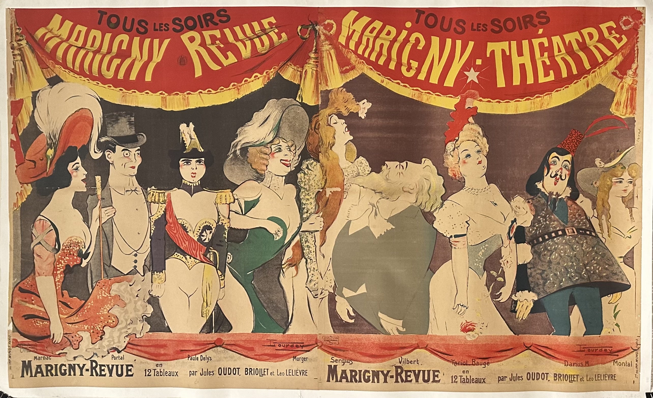 Illustrated performers pose together in this horizontal theater poster with red curtains above them.