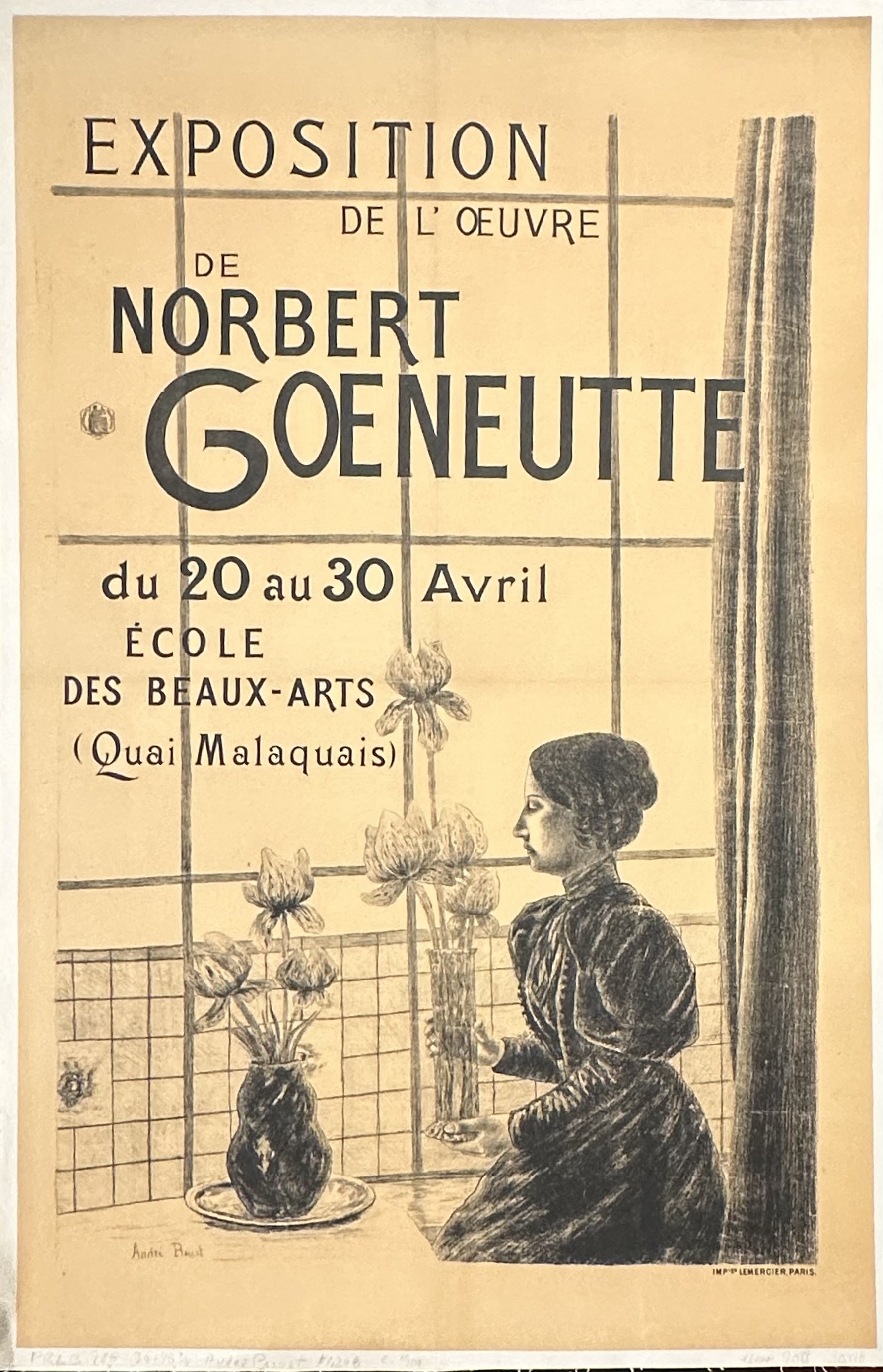 Beige colored poster with black text promoting Goeneutte exhibition in France featuring woman holding flowers next to a window.