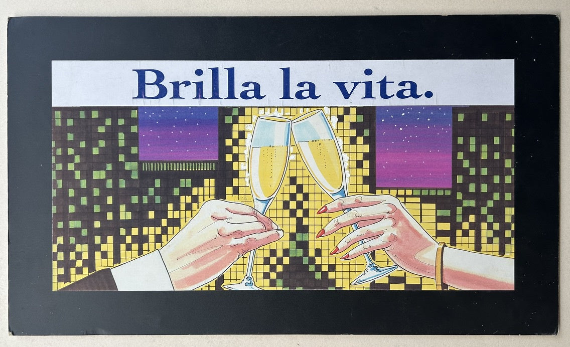 The poster depicts two hands, one male and one female, raising champagne flutes in a toast, with a stylized city skyline and starry night visible in the background.