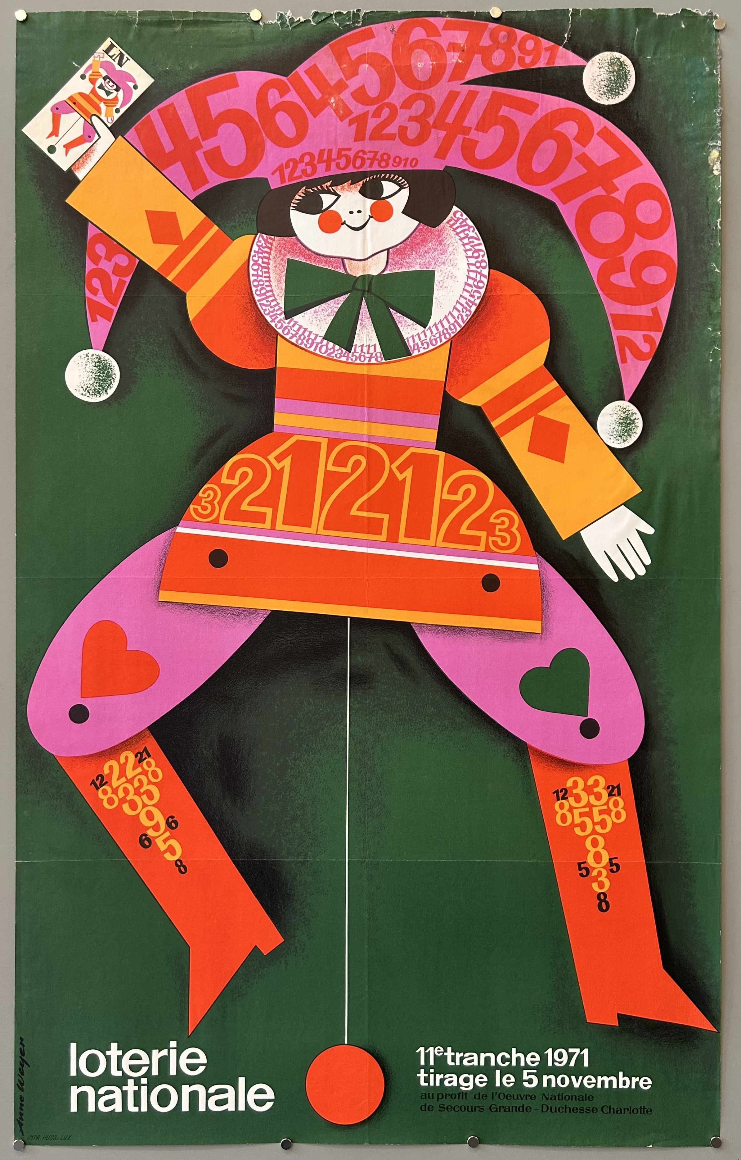 Green Loterie Nationale poster featuring a caricature of a playing card dressed in bright pink, orange, and yellow.
