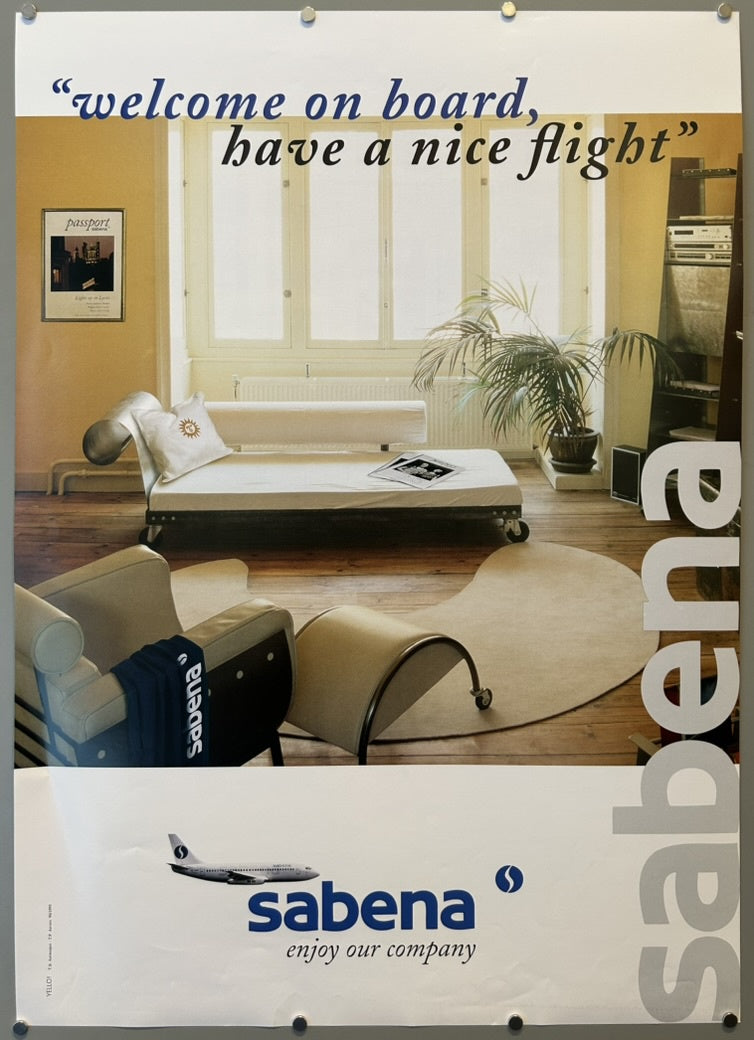 Sabena, the Belgian national airline, operated from 1923 until its bankruptcy in 2001. The style of the poster and the specific mention of "Passport" magazine strongly suggest a connection to that publication's timeframe.