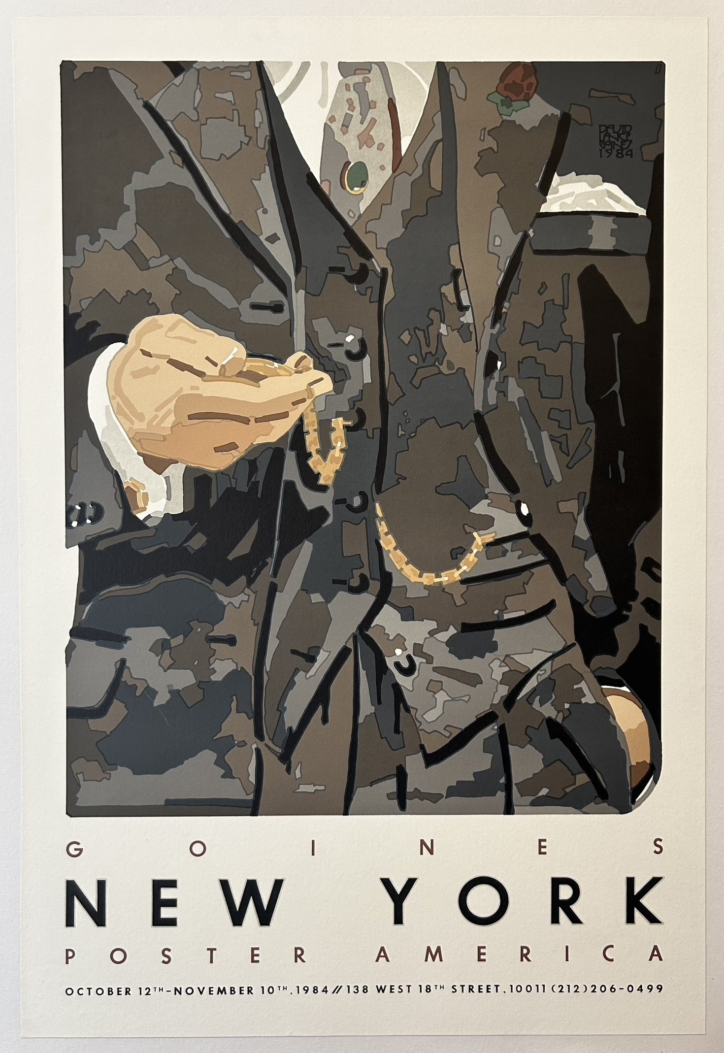 The poster is an exhibition poster titled "Goines New York Poster America," promoting an exhibition of David Lance Goines's work at the Poster America gallery in New York City in 1984.