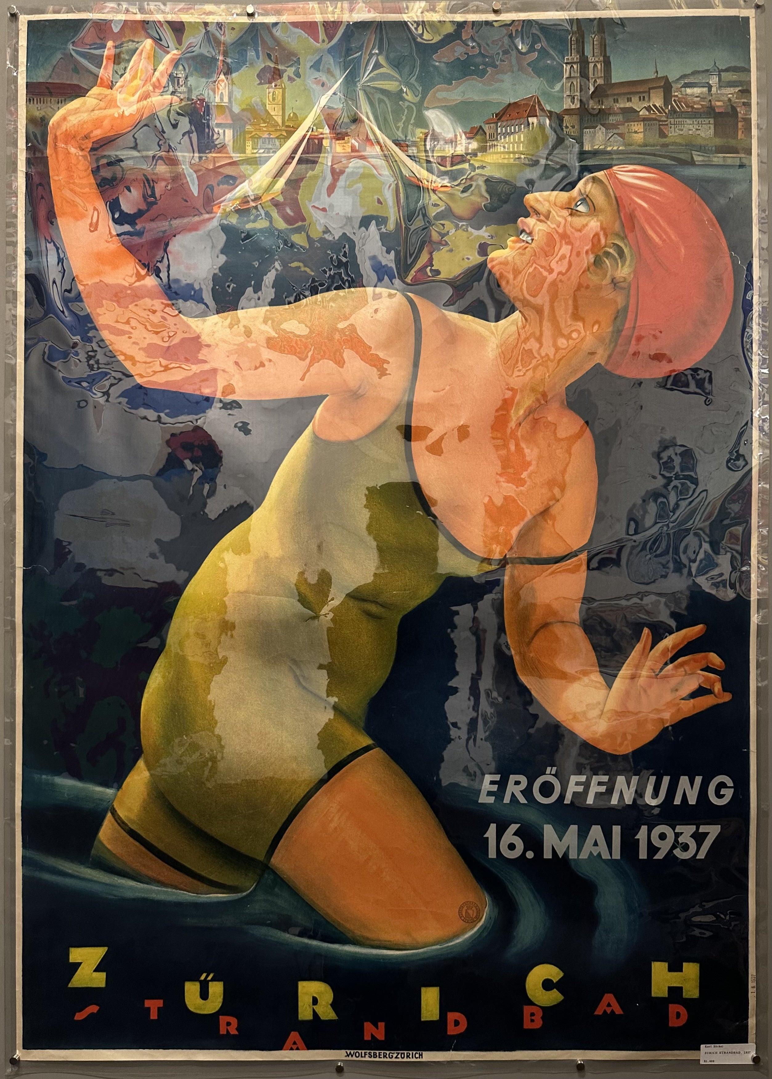Illustration of sailing yachts at raked angles, sans-serif, jangly typography, and a bather, posed as if a Sybil supporting a plinth in Swiss poster.