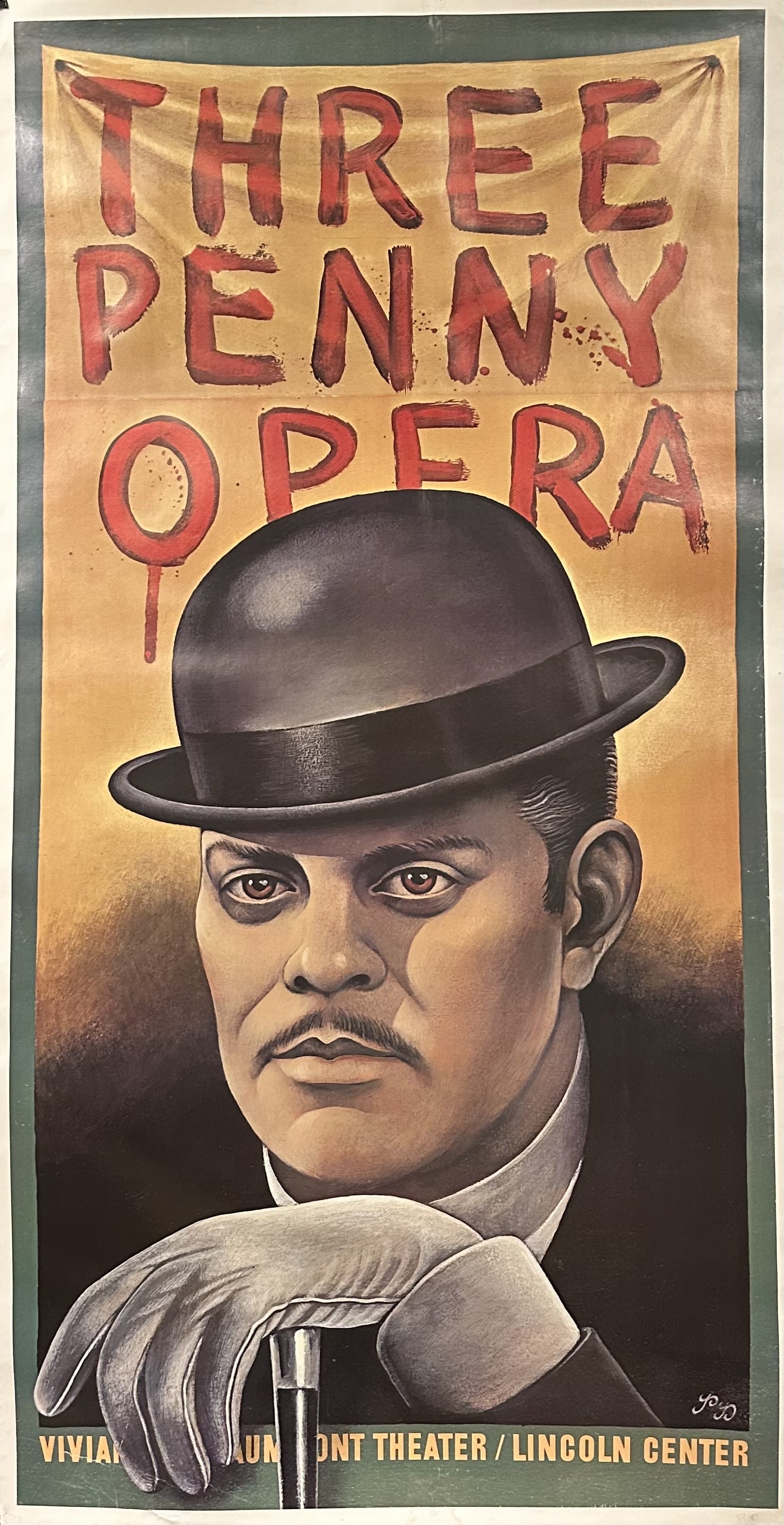 Portrait illustration of a man in a bowler hat with a cane under his hand with red text above him.