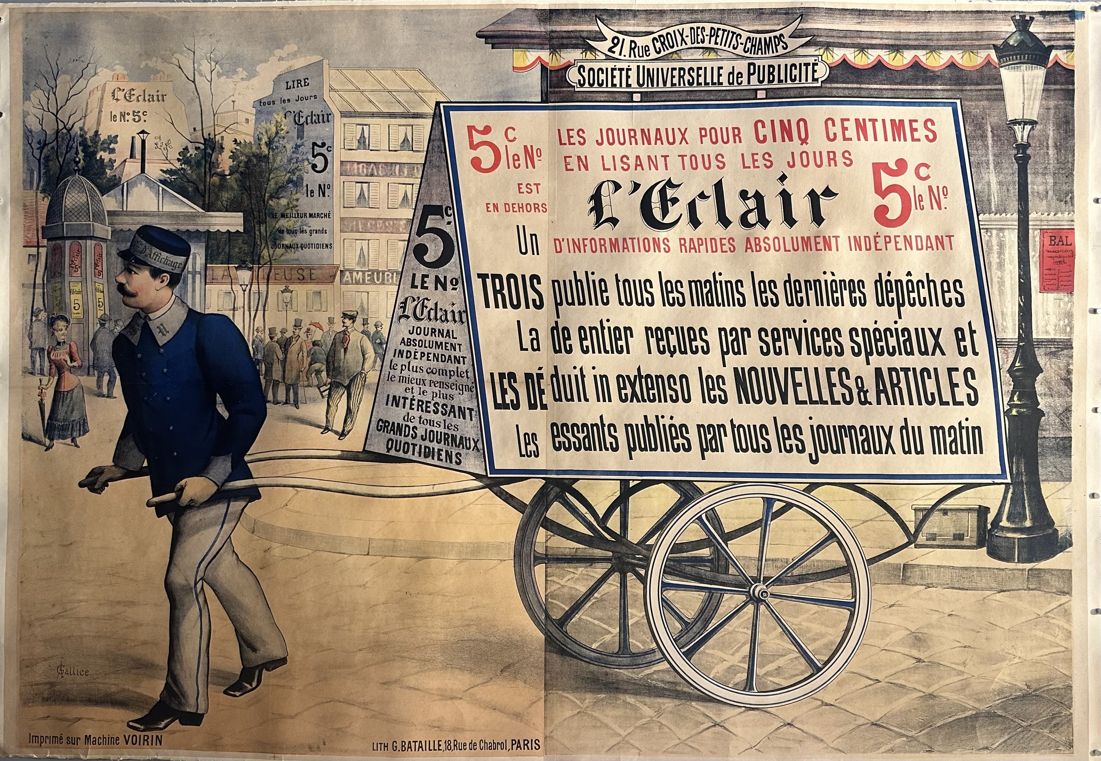 A man pulls a mobile advertisement for L'Eclair newspaper through a busy street in France.